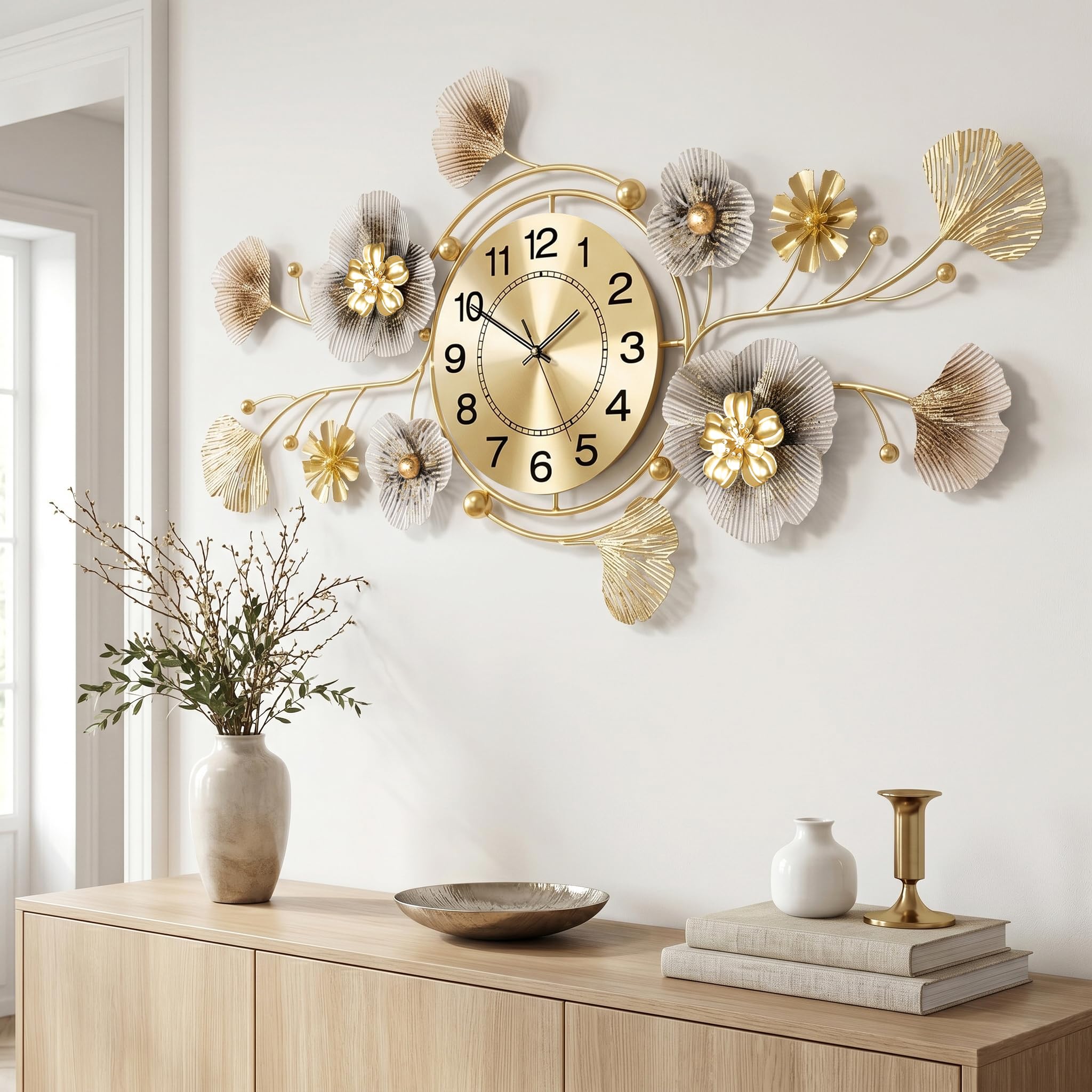 Wanduhr Groß aus Metall,3D Ginkgo Design,Kaffeefarbe,83 x 43 cm | Leiser Betrieb Ohne Störende Tickgeräusche,Kann Vertikal und Horizontal Aufgehängt Werden,mit Montagezubehör