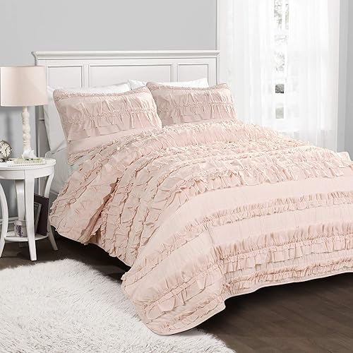 Lush Decor Belle - Juego de cama de 4 piezas con falda de cama y 2 fundas de almohada juego de edredón King color blanco 100 poliéster Pink Blush
