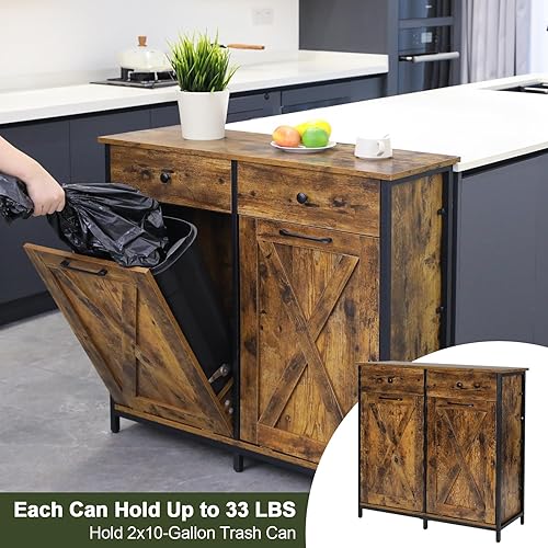Miniatura 3 de Clevich Gabinete de basura con doble inclinación hacia fuera de 20 galones, armario de reciclaje de madera para cocina, soporte oculto con cajones y