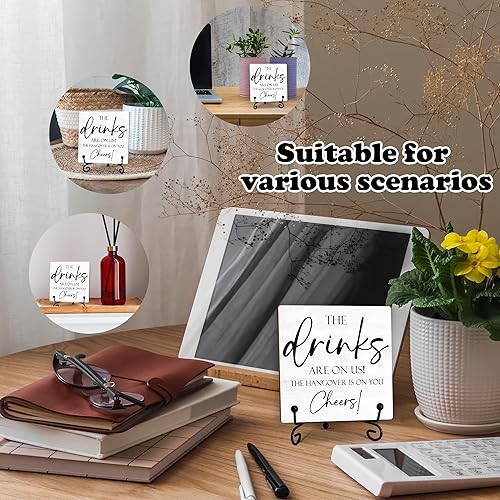 Miniatura 3 de Letreros de barra para decoración de bar en el hogar, 5 pulgadas con soporte de hierro, The Drinks Are On Us! The Hangover Is On You Cheers!