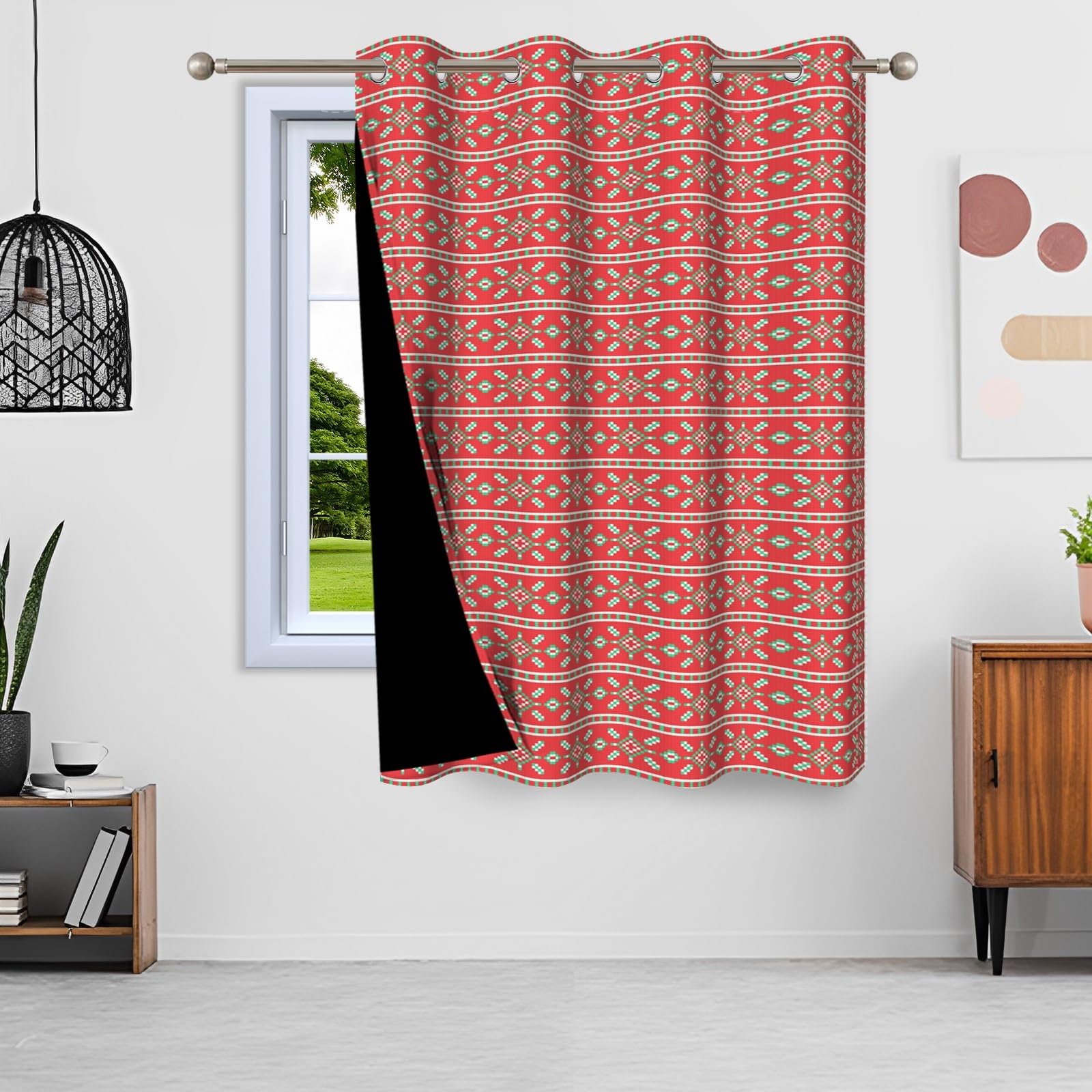 ggaimwf 42"x 63" Vintage Geometric Pattern Eyelet Curtain Red Green Snow Winter Grommet Room Dividers Blackout Window Drapes for Christmas Decoration Girls Boys Bedroom Living Room,1-Single Panel - Image 4