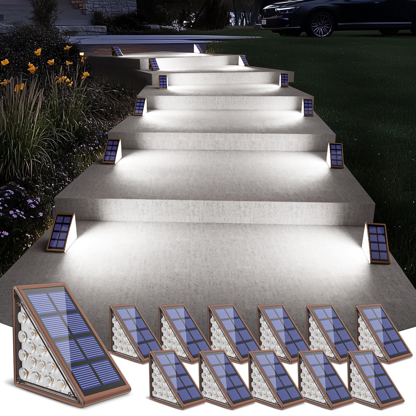 NIORSUN Solar Stair Lights,Cool White Outdoor Step Lights IP67 Waterproof Auto On Off, Outdoor Stair Lights for Steps,Stair,Patio,Yard,Porch,Front Door,Sidewalk,Deck Decor（Brown, 12 Pack）