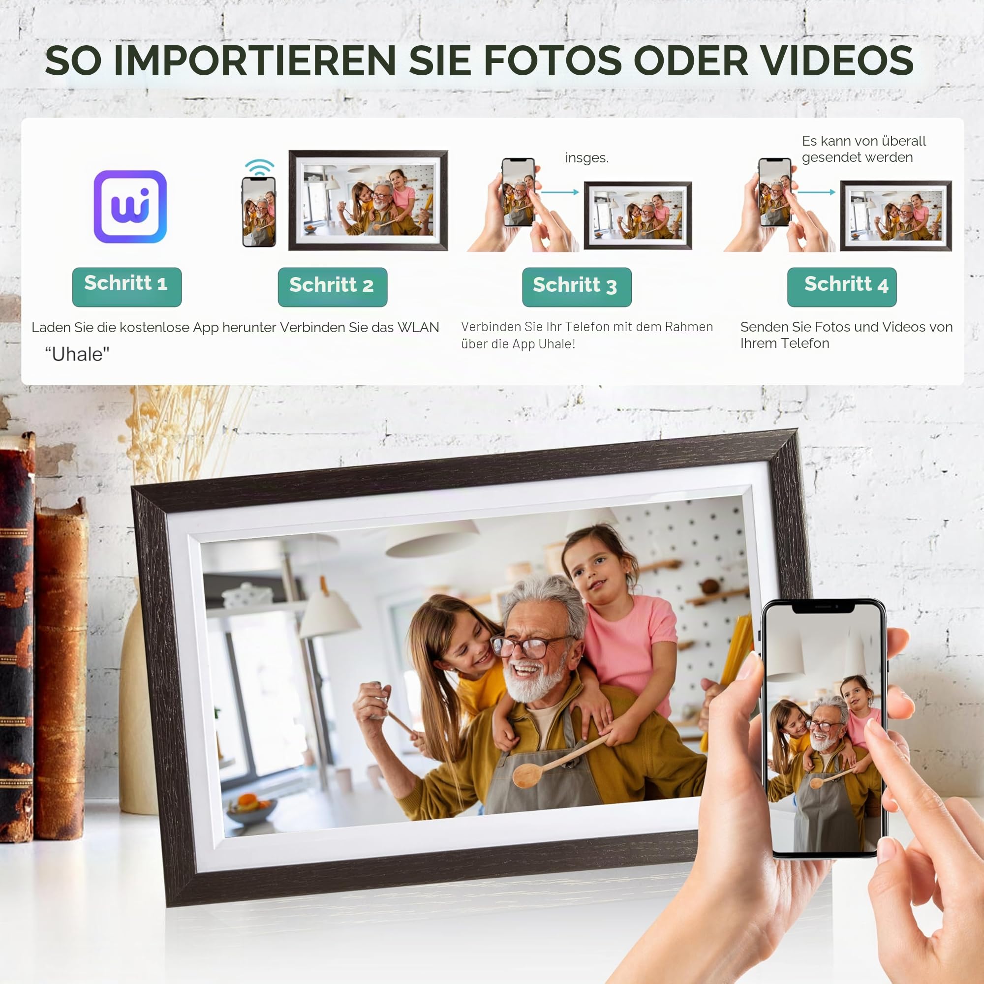 BYYBUO 15,6 Zoll WLAN Digitaler Bilderrahmen, 1366 x 768 IPS Touchscreen Digitaler Bilderrahmen, 32G-Walnuss, Teilen Sie Fotos oder Videos über die Frameo APP