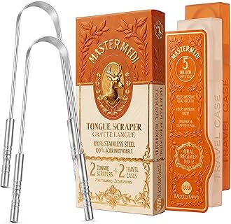 MasterMedi Tongue Scraper with Travel Case (2 Pack), Bad Breath Treatment Tongue Scraper for Adults, Medical Grade 100% Stainless Steel for Oral Care, Easy to Use Tongue Cleaner for Hygiene