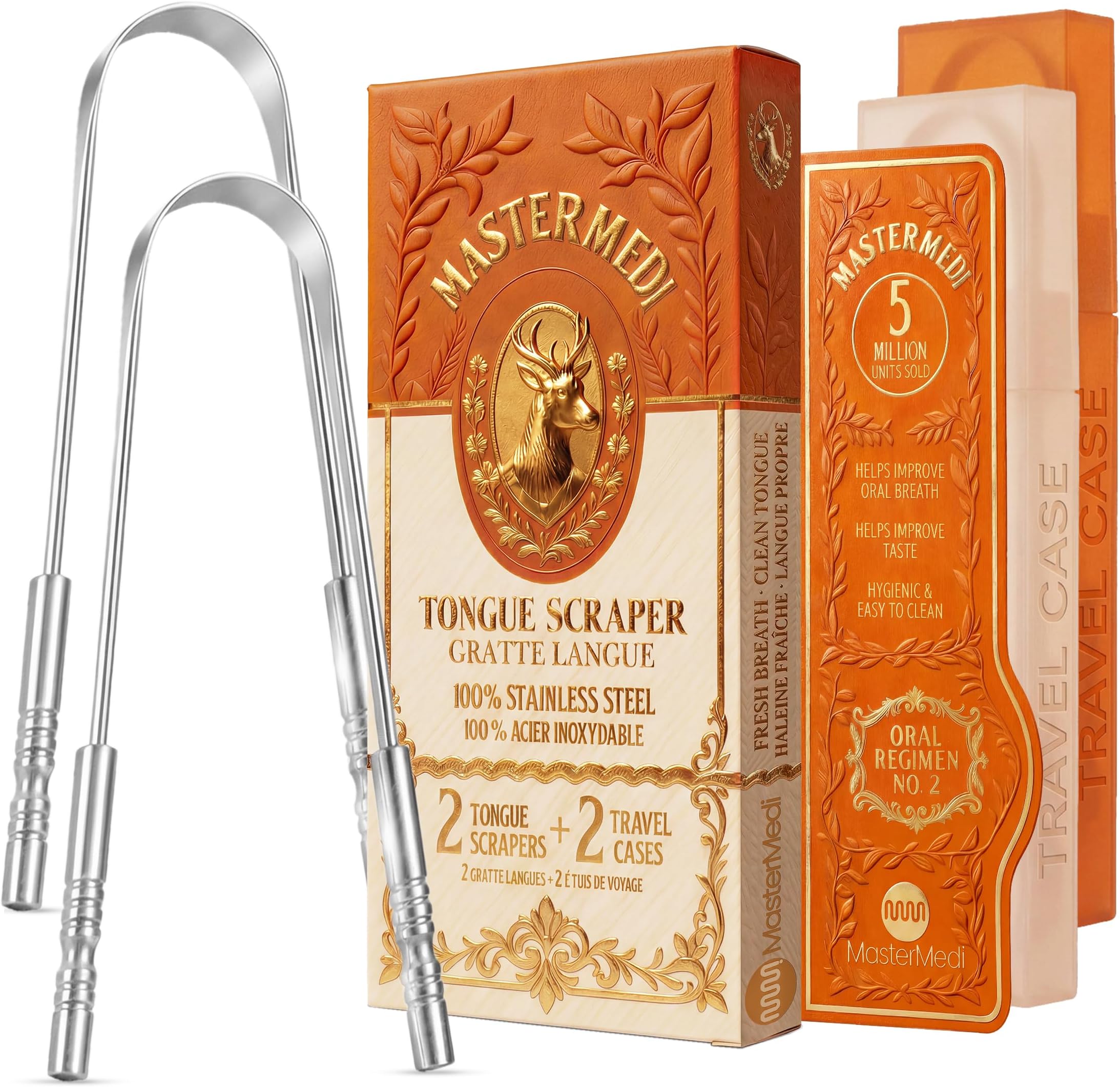 MasterMedi Tongue Scraper with Travel Case (2 Pack), Bad Breath Treatment Tongue Scraper for Adults, Medical Grade 100% Stainless Steel for Oral Care, Easy to Use Tongue Cleaner for Hygiene