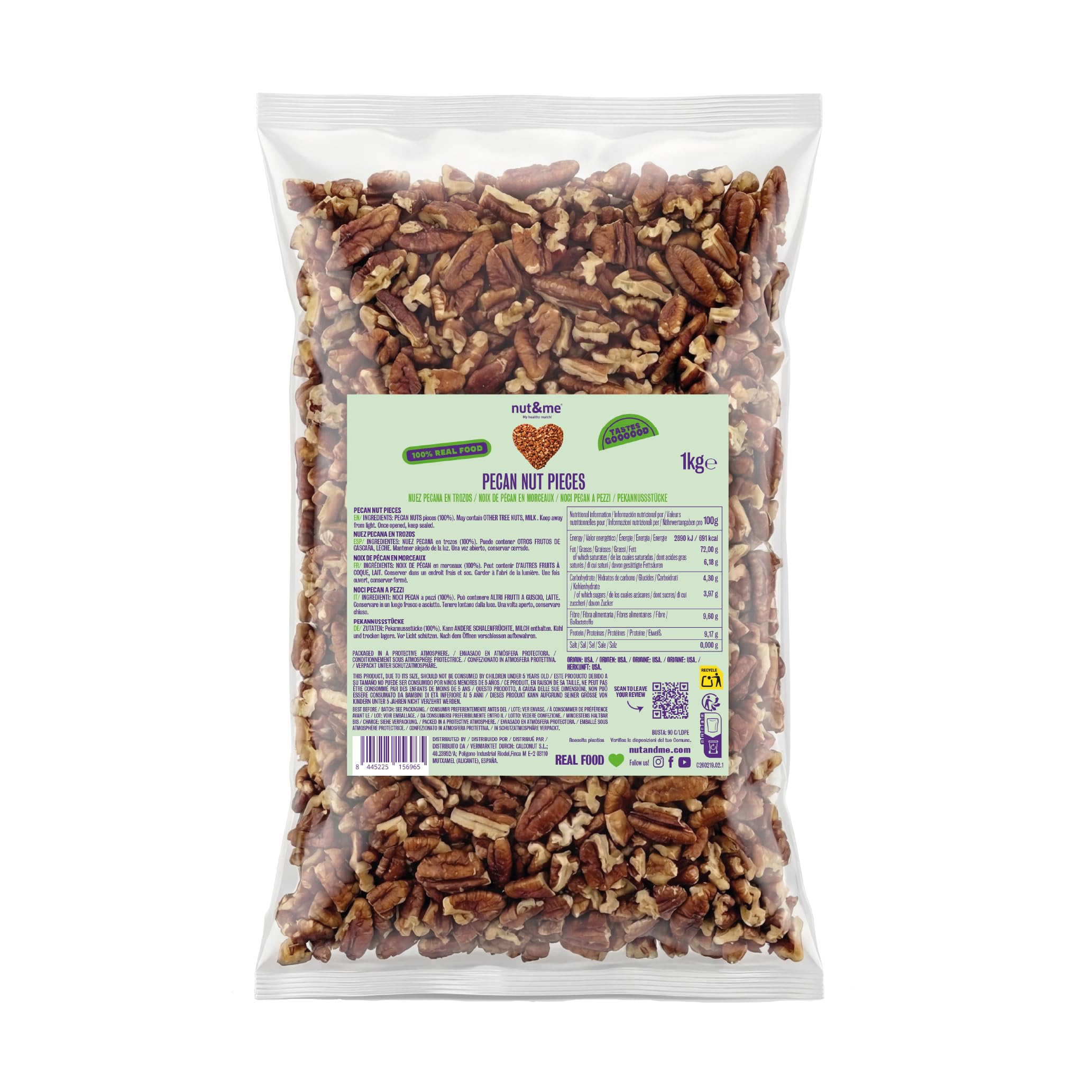 nut&me Nueces Pecanas Troceadas 1 kg | Nuez pecana variedad Fancy, sin cáscara, sin gluten y sin aditivos | Frutos secos sin sal para repostería, ensaladas, yogur, granola y recetas dulces