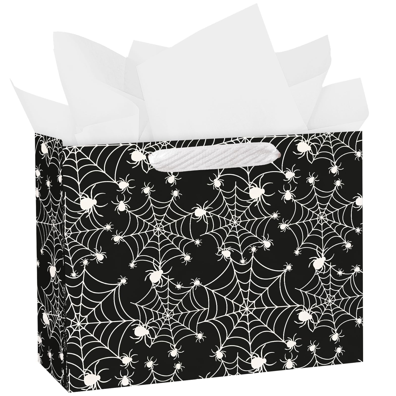 Loveinside 13" Large Halloween Spider Web Gift Bag with Tissue Paper - Black White Spider Web Paper Bag, Perfect for Halloween Party, Spooky Themed Event and Holiday Gift