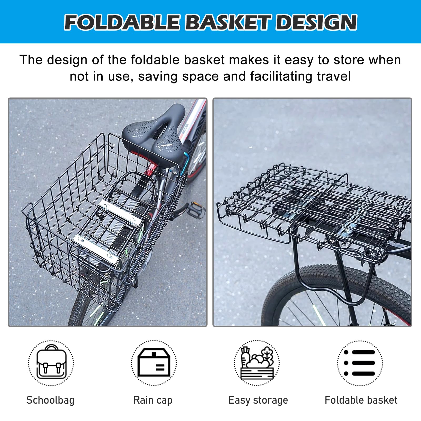 Cestinos Posteriore Per Bicis Con Fodera Interna,Borsa A Rete E Copertura Antipioggia Impermeabile,Cestino Per Bici Posteriore,Cestinos Portapacchi Bicicletta,Cestino Pieghevole Per Bicicletta