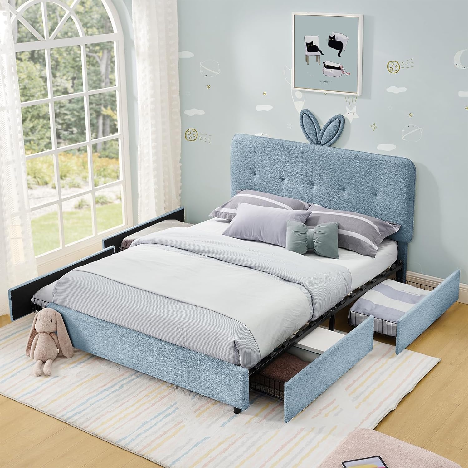 Queen Led Bed Frame with 4 Storage Drawer, Upholstered Platform Floor Bed with Rabbit Ear Headboard Daybed Strong Wooden Slats No Box Spring Needed for Kids Girls Boys, Blue