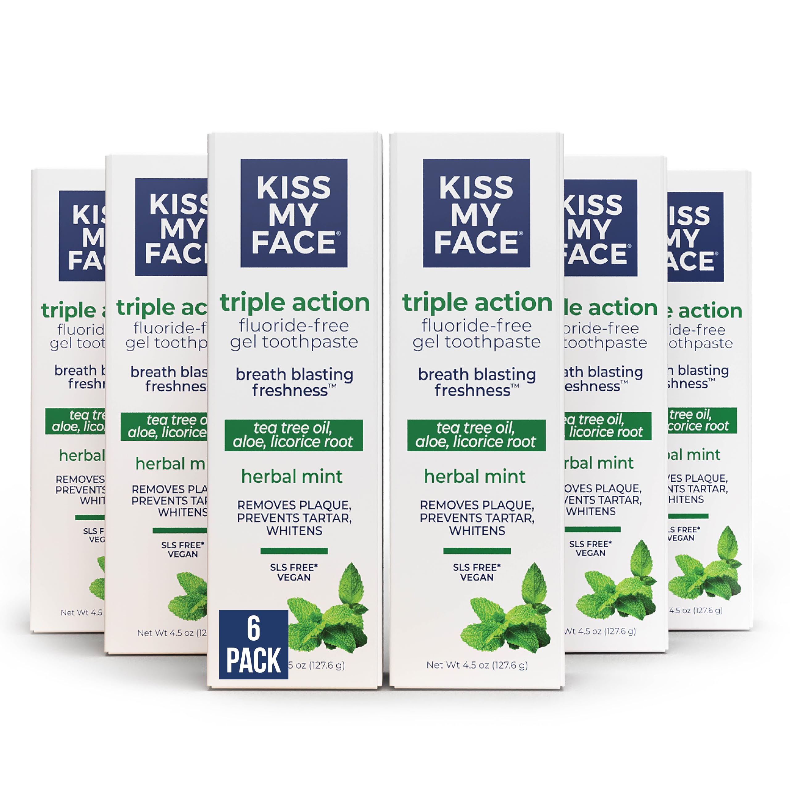 Kiss My Face Triple Action Toothpaste Gel Herbal Mint Flavor Removes Plaque Whitens Teeth Prevents Tartar with Tea
