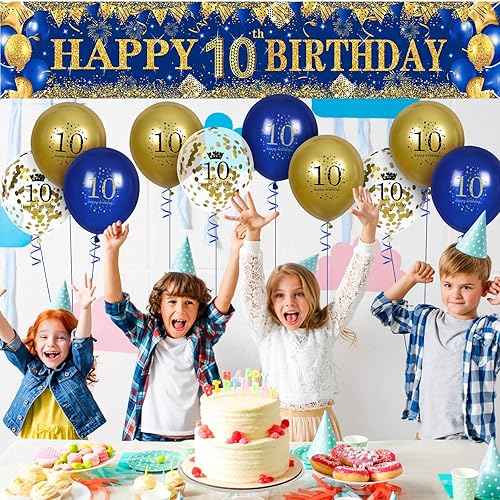 Miniatura 6 de Decoraciones de cumpleaños número 10 para niños pequeños, niños y niñas, azul marino y dorado, pancarta de fiesta de feliz cumpleaños de 18 piezas