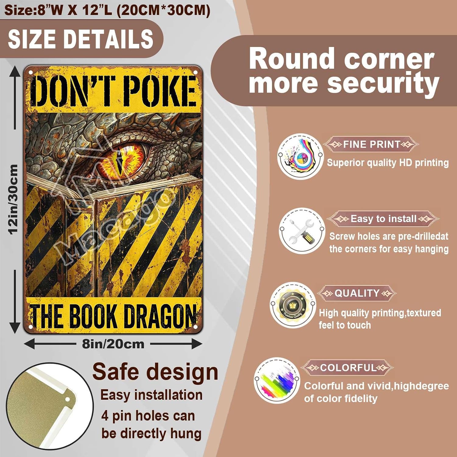 Vintage Metal Sign Tin Poster Retro Funny Wall Art Don't Poke The Book Dragon Decor Book Lovers Library Reading Nook Home Office Bedroom 8x12 inch