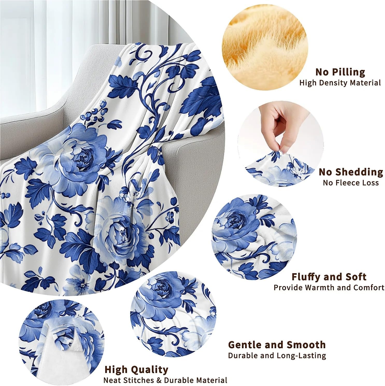 Blue and White Roses Floral Pattern Chinoiserie Throw Blankets Fleece Blanket Super Soft Plush Large Throw Blanket Cozy Fuzzy Bed Blankets Microfiber Flannel Blankets for Couch, Bed, Sofa-50X60in - Image 6