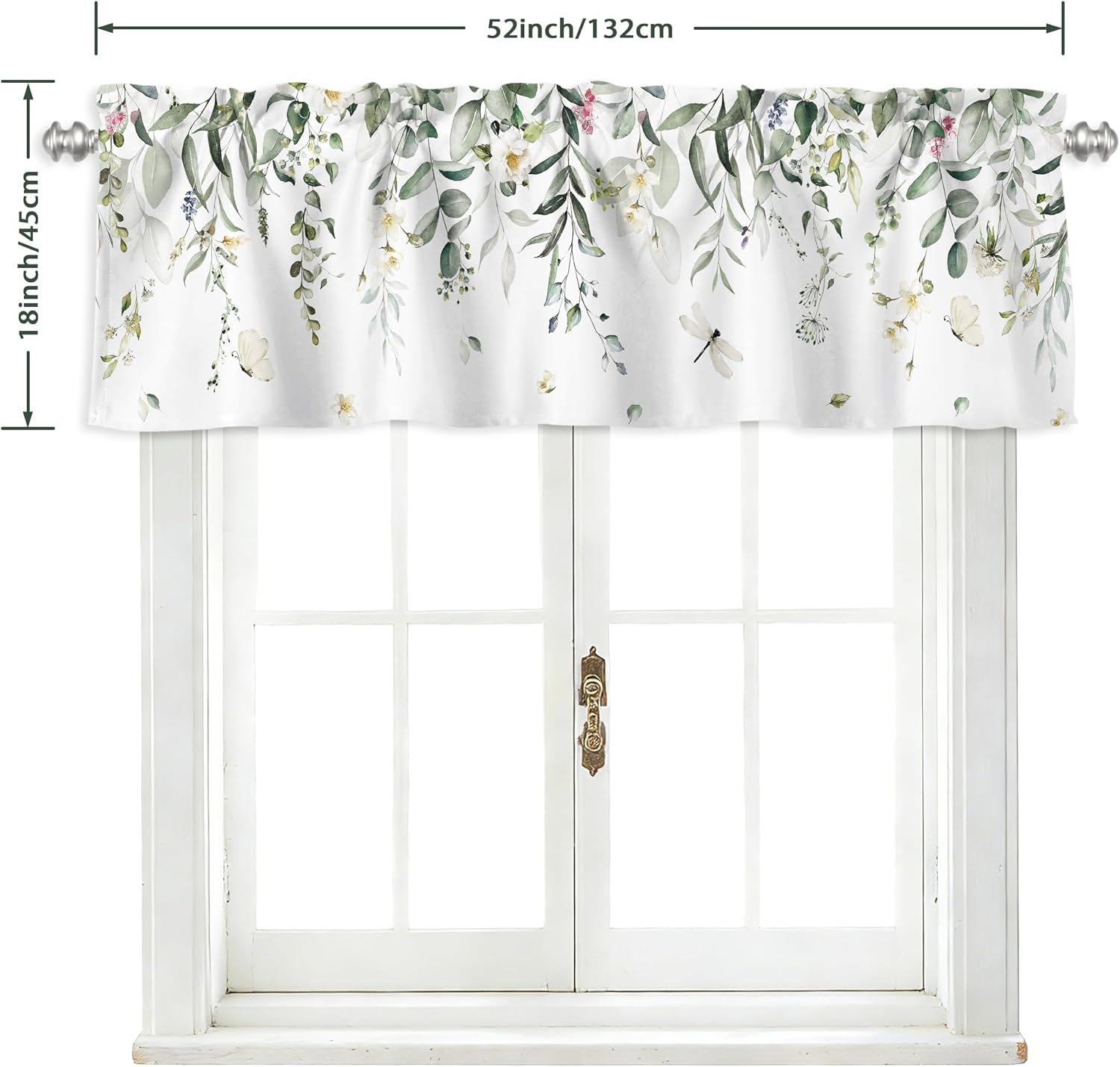 Eucalyptus Leaves Valance for Windows Spring Kitchen Valance 1 Panel Short Curtain with Rod Pocket Sage Green Window Treatments for Bedroom Living Room Bathroom 52 x 18 Inch
