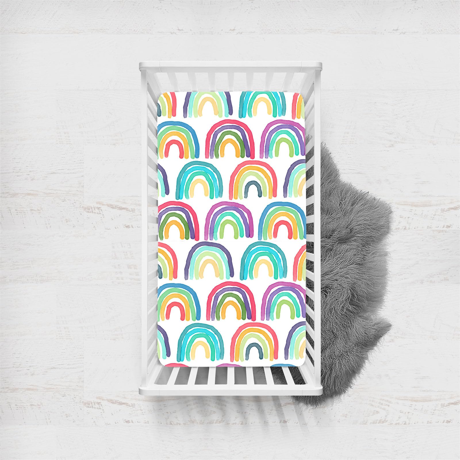 Odot Cot Bed Fitted Sheets, Rainbow Pattern Moses Basket Fitted Sheet Microfibre Crib Fitted Sheets Soft Durable Baby Bed Sheets Bassinet Sheets Cot Bed Mattress Protector (Rainbow,80x160cm)