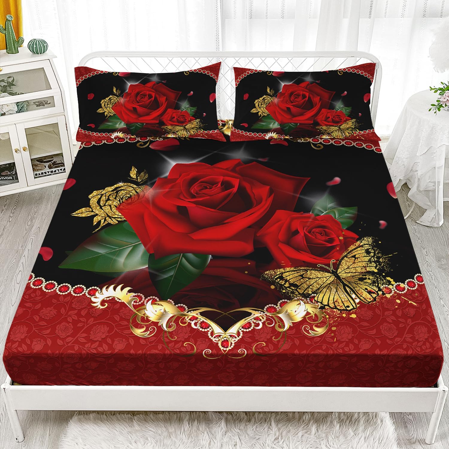 AILONEN Oil Painting Rose Sheet Set Queen Size, Red Rose Bedding Sheets,3D Butterfly Pattern Bed Sheets,for Girls Women Couple Lover,3 Pieces,1 Fitted Sheet and 2 Pillowcases,All Season Use Rose20 Queen