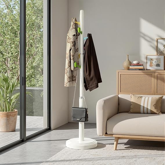 Coat Rack Stand with 8 Coloured Hooks, Clothes drying racks with Thicker Main Pole, Coat Tree with Extra Large Round Base, for Living Room, Bedroom, Home, Office