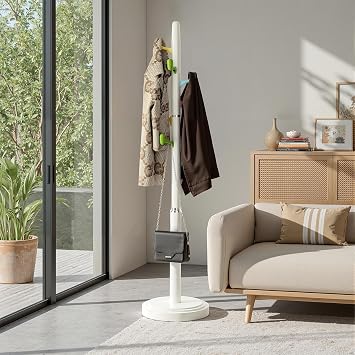 Coat Rack Stand with 8 Coloured Hooks, Clothes drying racks with Thicker Main Pole, Coat Tree with Extra Large Round Base, for Living Room, Bedroom, Home, Office