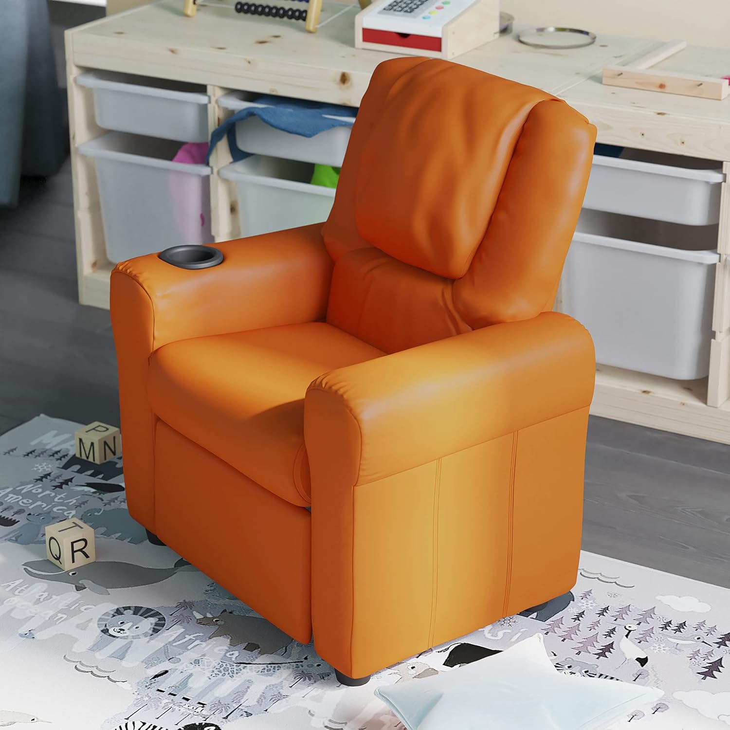HBCY Creations Kid's Recliner - Orange Vinyl Upholstery - Integrated Cupholder - Padded Headrest - Safety Recline Feature