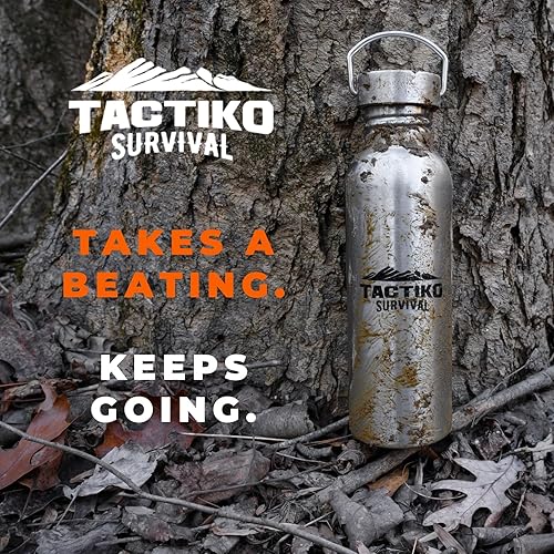 Miniatura 9 de Tactiko Survival 25 oz/750 ml Stainless Steel Wide Mouth Water Bottle, Single Wall Boil-Safe, Leakproof, BPA-Free with Carry Sleeve and Strap for
