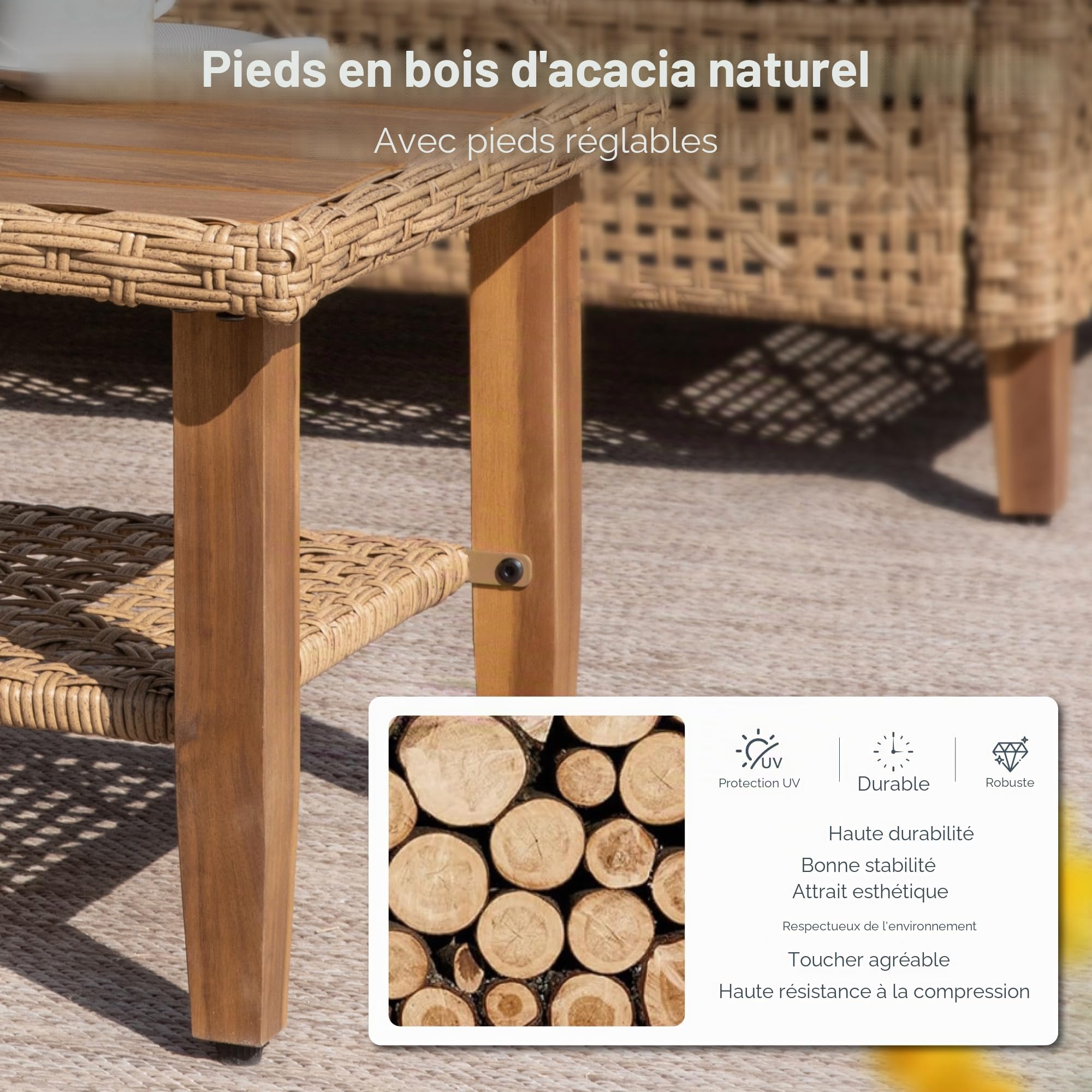 PHI VILLA Ensemble de meubles de jardin de balcon 3 pièces en rotin avec 1 méridienne, 1 canapé 2 places et 1 petite table basse, 4 personnes, meubles de terrasse d'extérieur