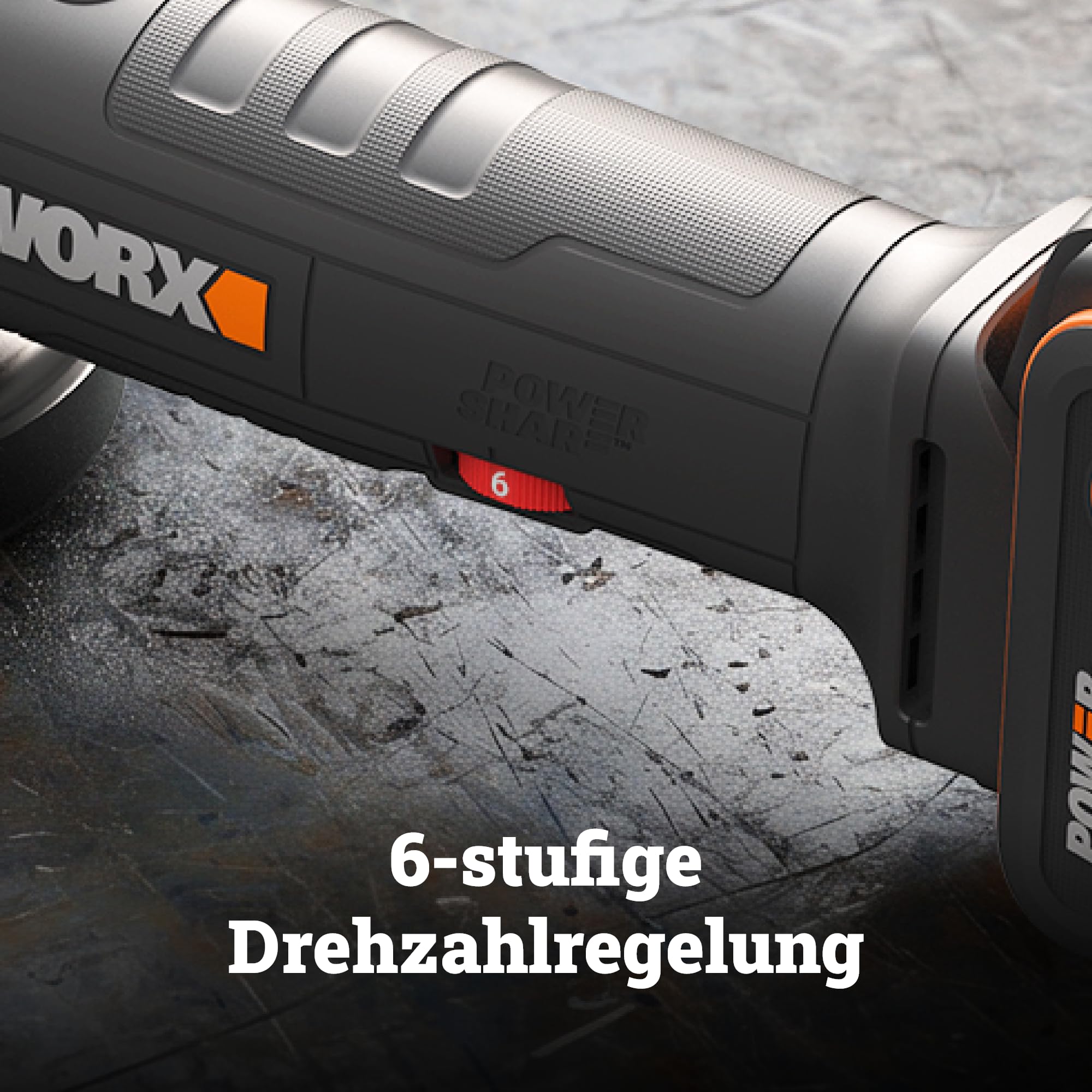 WORX WX807.9, Akku-Winkelschleifer 20V ohne Akku & Ladegerät, PowerShare | 125 mm, 6-stufige Drehzahlregelung, 2500, 11000 U/min und Schnellverstellung Schutzhaube