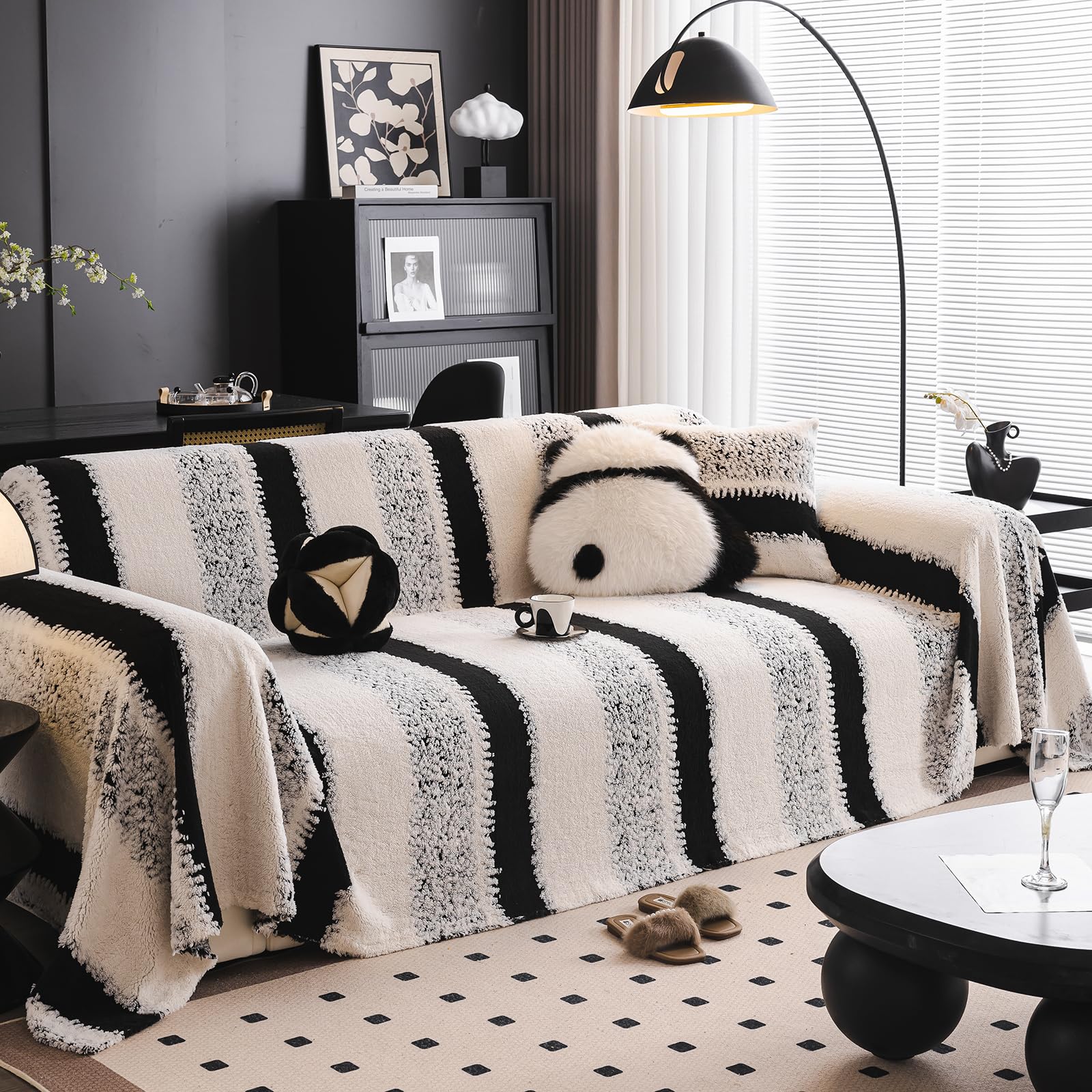 SHANNA Stripe Sofa Cover for 2 3 4 Seater, Cotton Blend Velvet Slipcover for Corner L Shaped Sofa, All-Season Protection Couch Cover, Furniture Protector Loveseat Futon Bed Cover with Non-slip Bottom — image 1