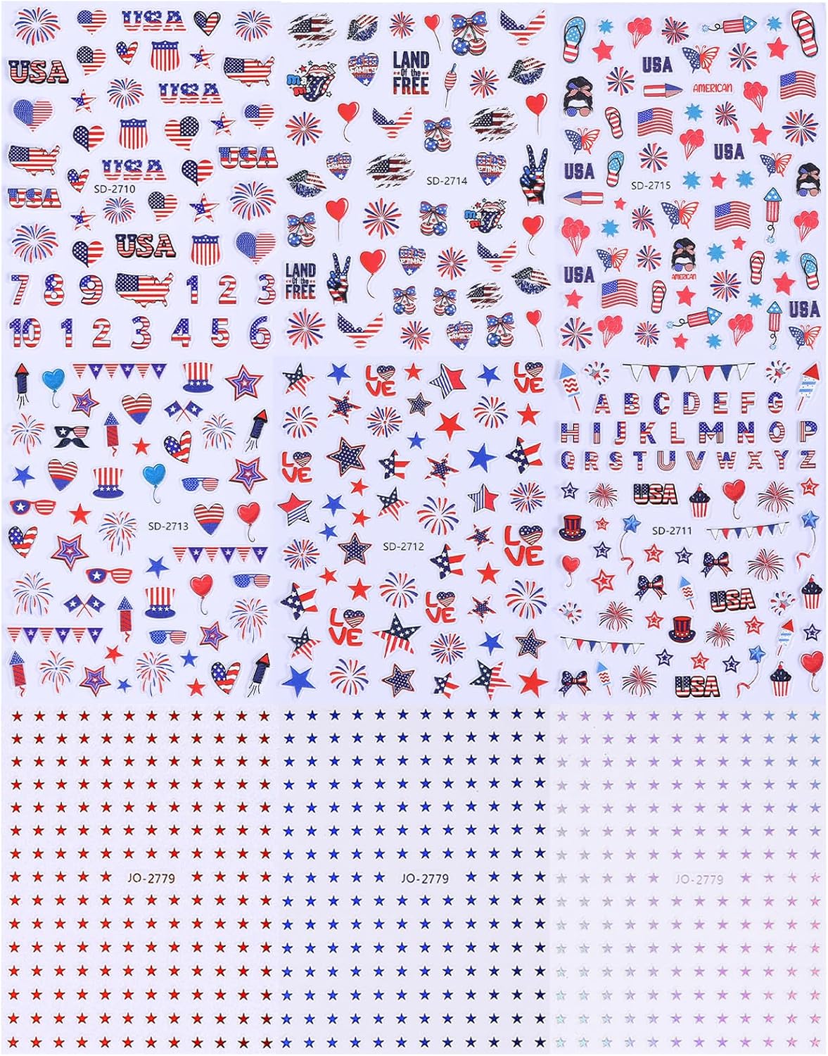 Independence Day Nail Stickers 9pcs 4th of July Nail Art Stickers American Flag Stars and Stripes Holiday Nail Decals Red Blue Silver Star Self Adhesive Manicure Decoration Salon DIY Nail Supplies