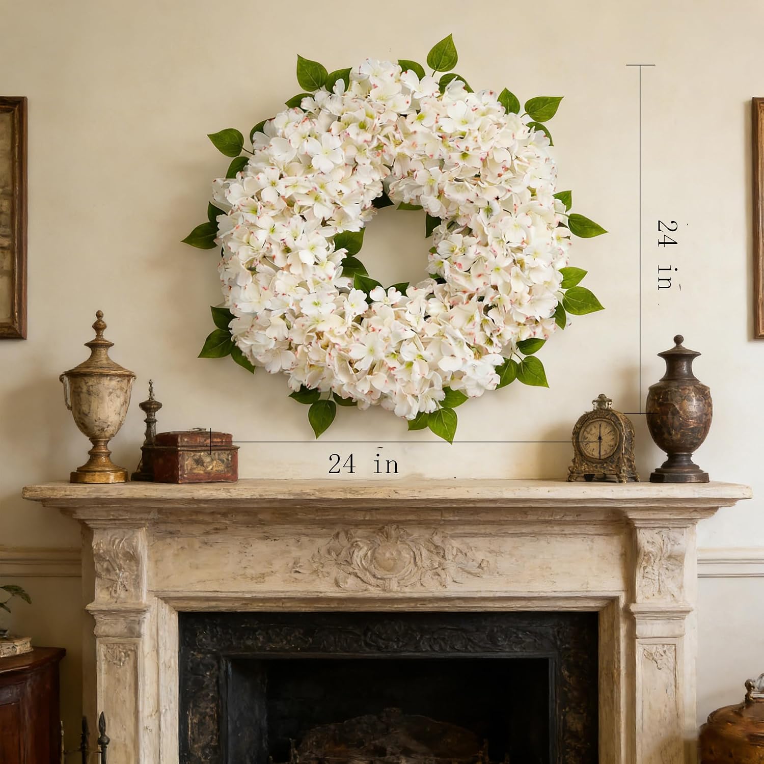 White Hydrangea Summer Wreath for Front Door with Artificial Hydrangea and Silk Greenery, 22''Outdoor Dogwood Wreath for Farmhouse Wedding & Home Decor- Spring Summer & All Seasons Display
