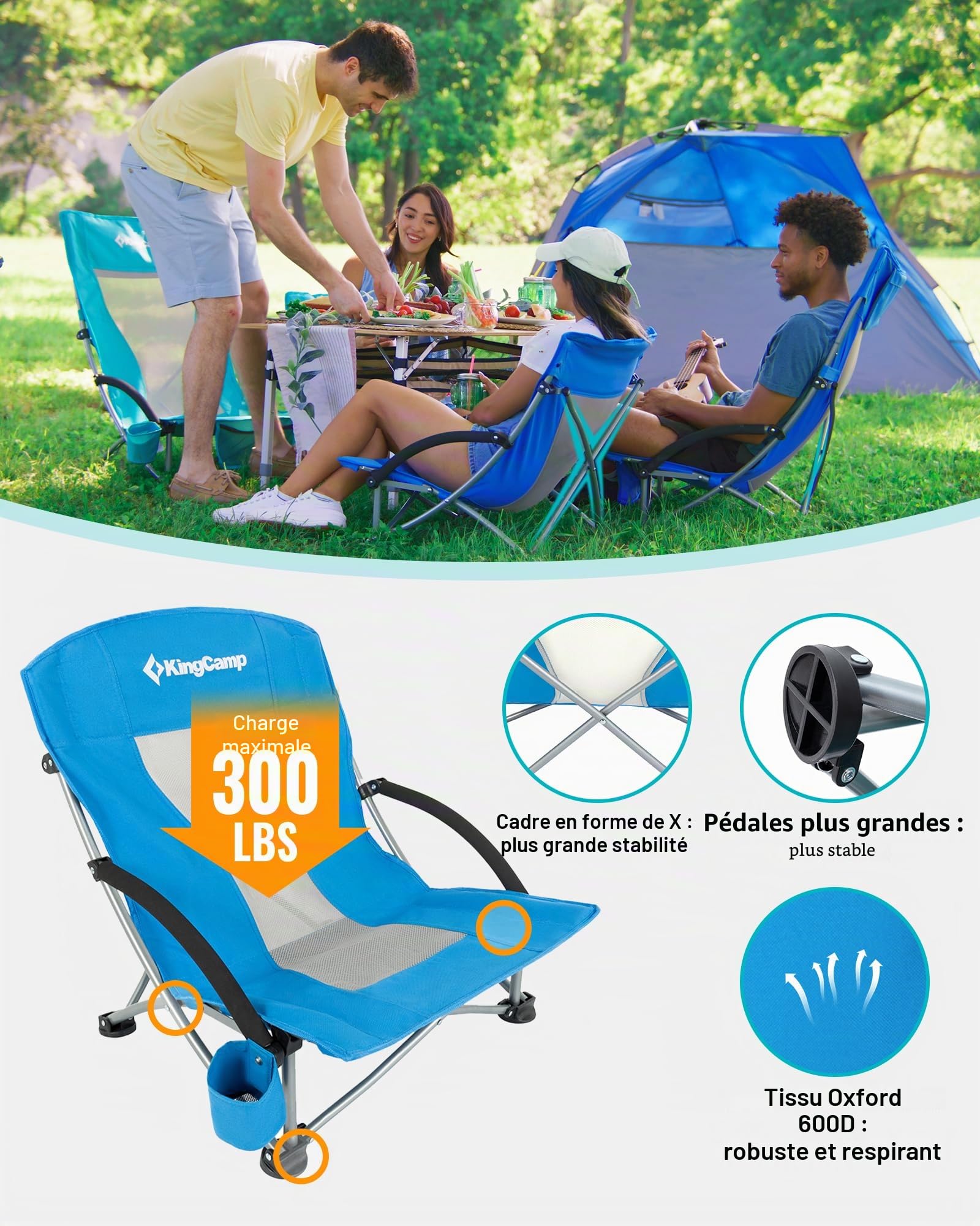KingCamp Chaise de Plage Basse Pliante Capacité 180kg Stabilité à Double Support Vertical, Siège Extra Large et Dossier en Tissu Respirant, Siège Portable pour Camping, Pique-Nique, Festival Bleu