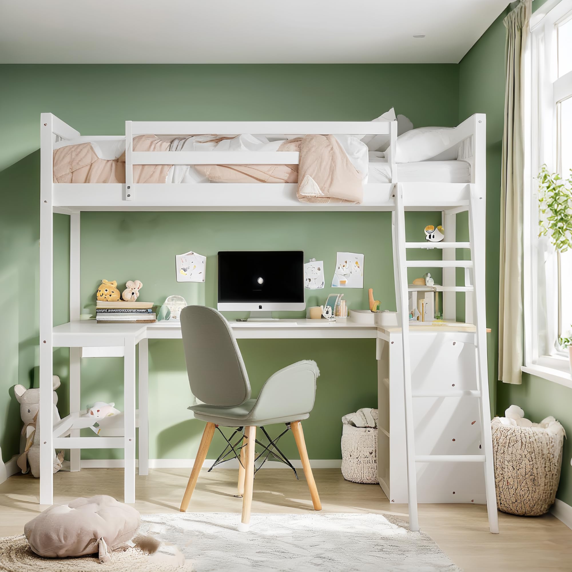 Twin Loft Bed with Desk and Storage Shelves, Wood Loft Bed with Bookcase, Loft Beds Frame for Kids, Boys, Girls Teens, Noise Free, No Box Spring Needed, White