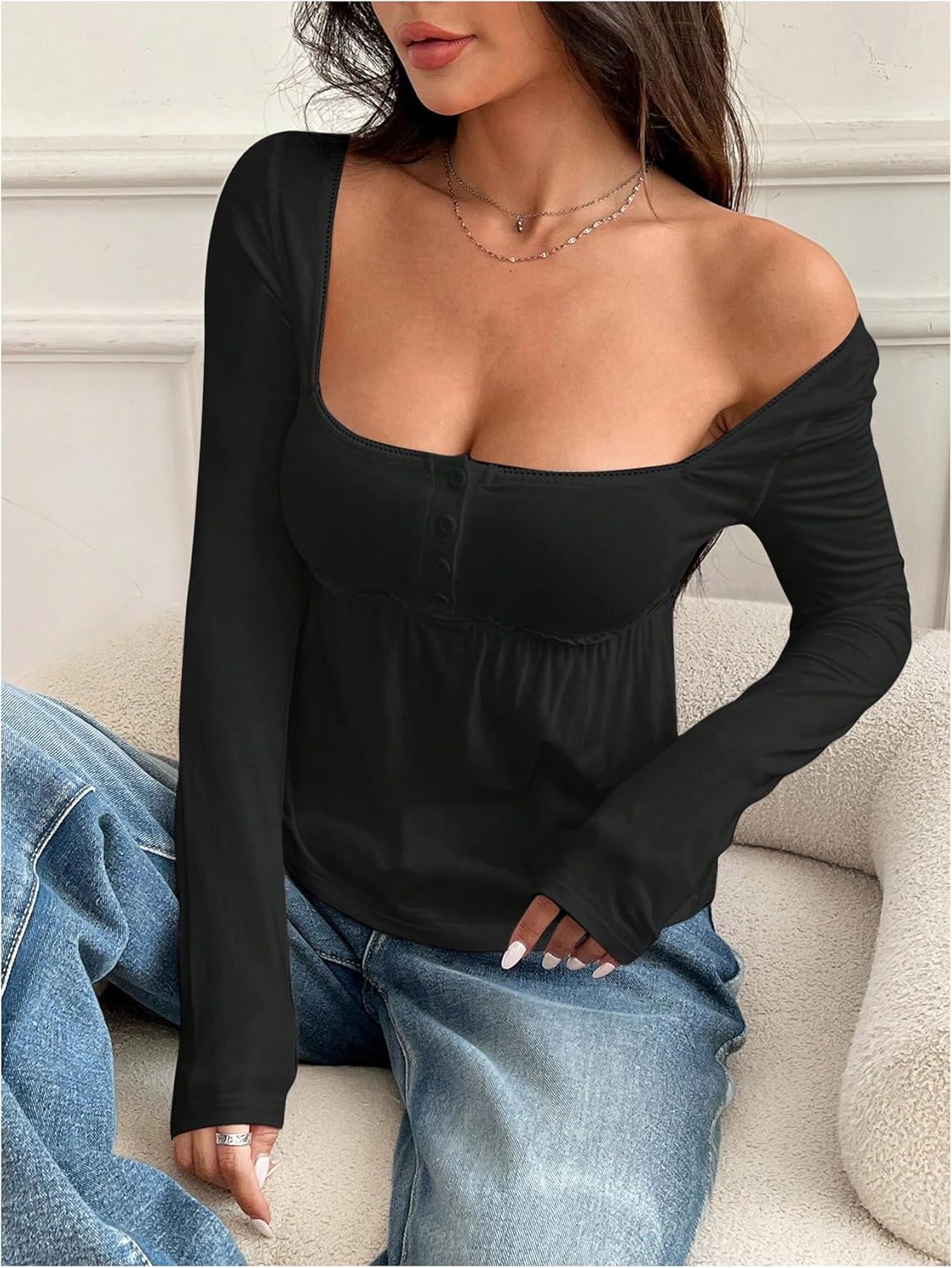 SOLY HUX Women's Babydoll Tops Long Sleeve Henley Shirts Cute Square Neck Coquette Peplum Top - Image 5