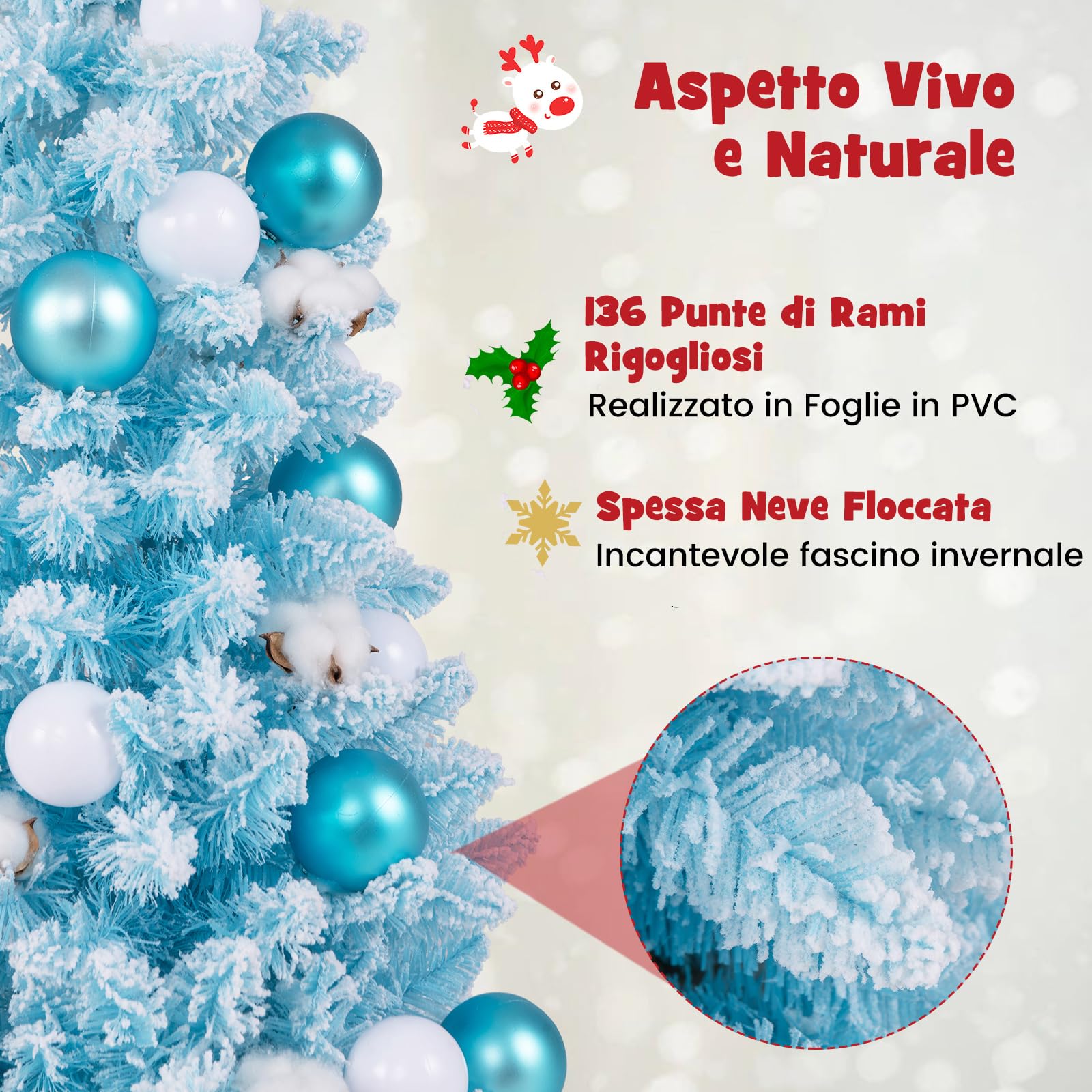 COSTWAY Albero di Natale Artificiale Piccolo 90 cm, Albero di Natale da Tavolo con 12 Palline di Cotone Naturale, 24 Palline e Rami Imbiancati, Decorazione Natalizia per Feste (Azzurro)