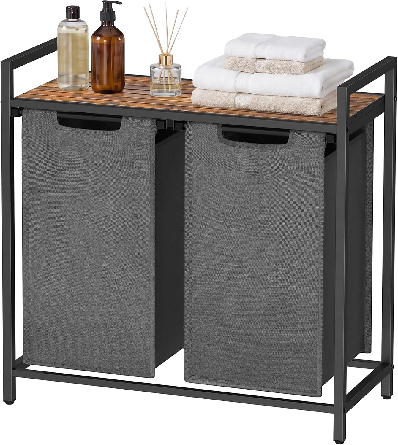 SONGMICS HOME Laundry Basket Sorter with Storage Shelf, Laundry Hamper with Metal Frame, 2 x 12.1 Gallons (46 L), Gray and Rustic Brown
