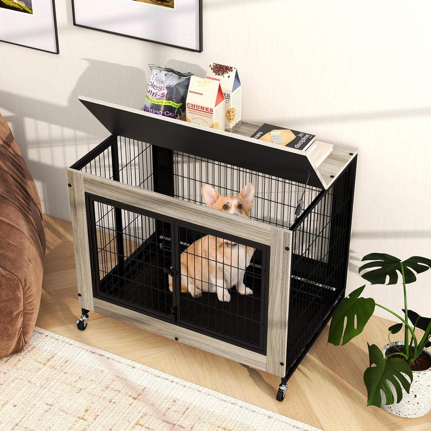 Giantex Dog Crate Furniture with Wheels, 38" Modern Dog Cage with 3 Doors, Flip Top Lid, Removable Pull-Out Tray, Decorative Dog Kennel Indoor Pet House End Table for Medium & Large Dogs (Oak Gray)