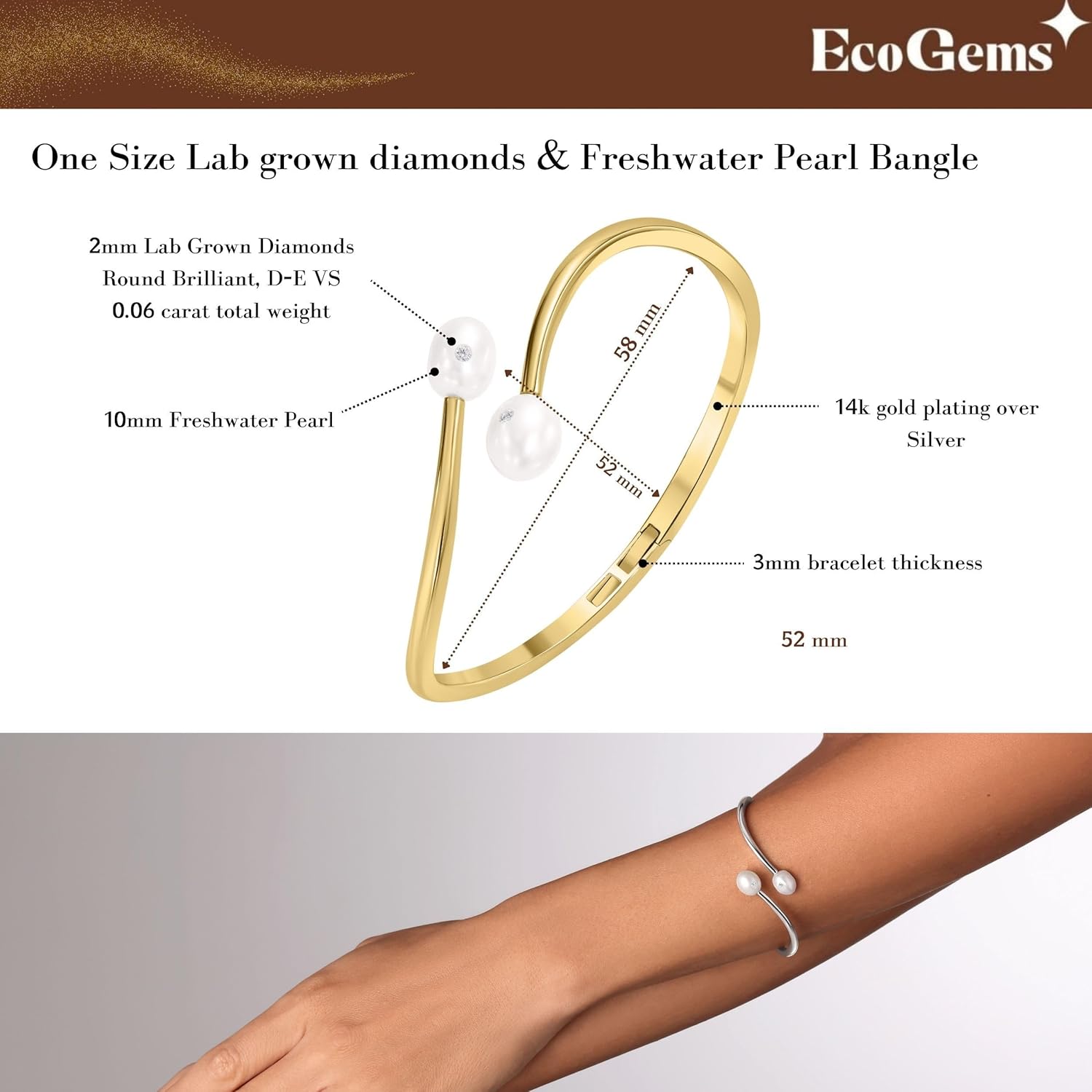 EcoGems 14K White/Yellow Gold Plated Silver Bracelets & Bangles – Freshwater Pearl, Lab Grown Diamond, Moissanite & Gemstone Styles – Round Brilliant – 0.06–0.40 TCW – Women’s Gift Jewelry (Small/Large Options)