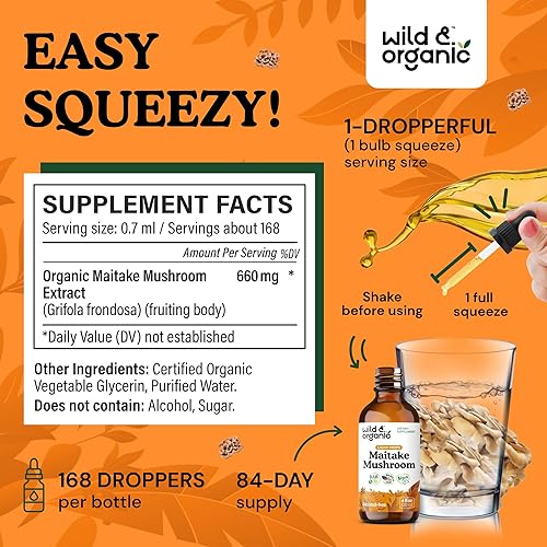 Miniatura 3 de Wild & Organic Maitake Tintura de hongos - Suplemento de apoyo inmunológico - Extracto líquido de hongo Maitake - Gotas veganas, sin azúcar y