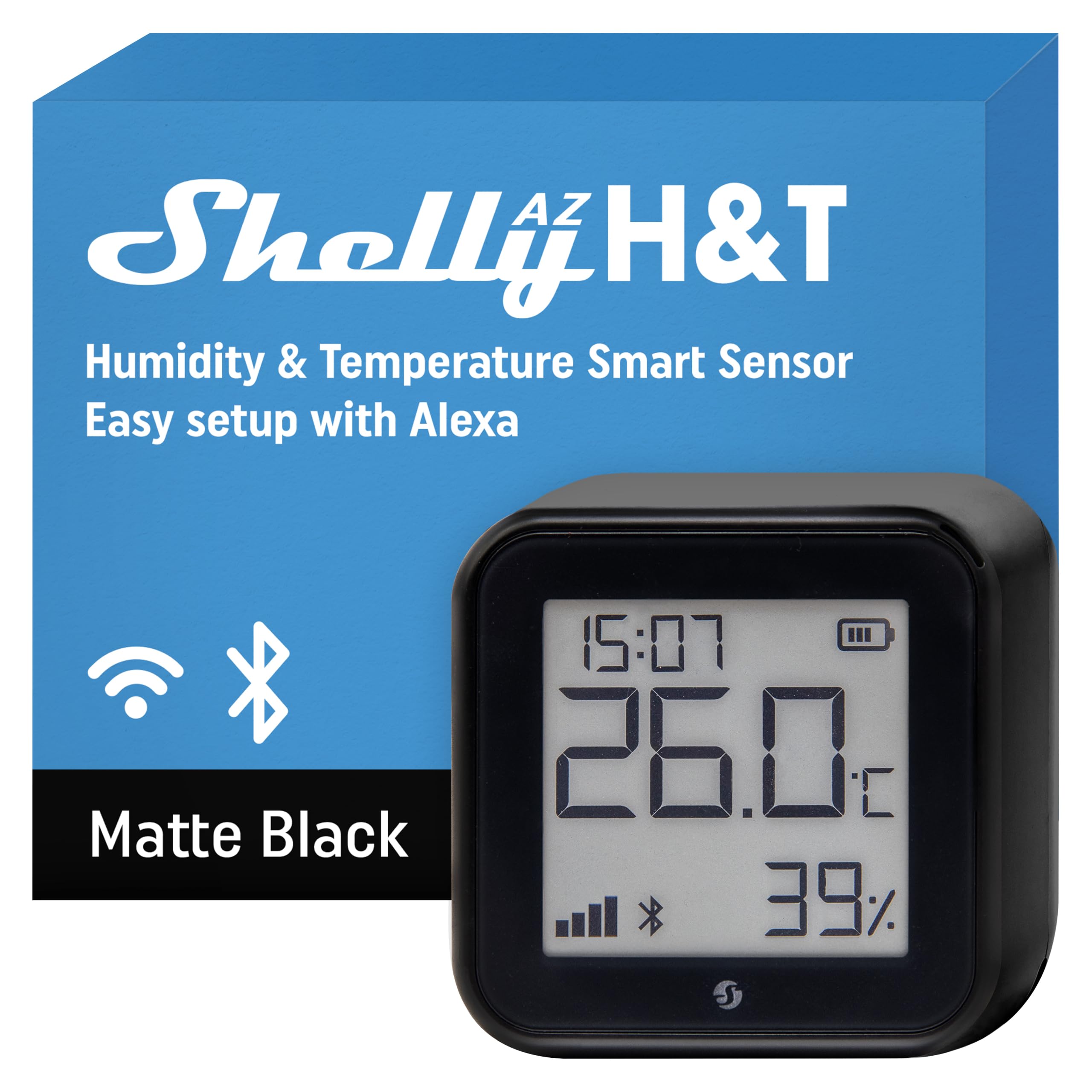 Termómetro E Higrómetro Inteligente Shelly AZ H&T | Wi-Fi 2.4 GHz, Compatible Con Alexa | Pantalla E-Ink Y Alertas En App | Sin Hub