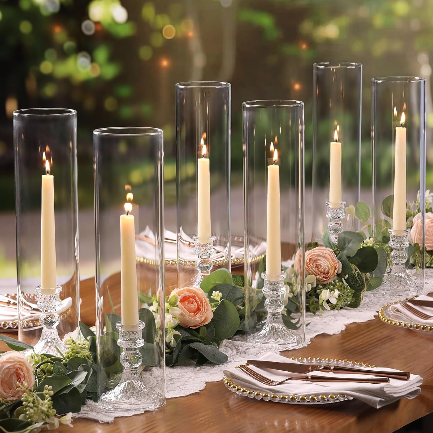 6 Set Hurricane Glass Candle Holders for Taper Candles, Candlestick Holders with Windproof Glass Tubes 13.4" H, Taper Candle Holders for Wedding, Dinner Table Centerpieces, Festival and Party Decor