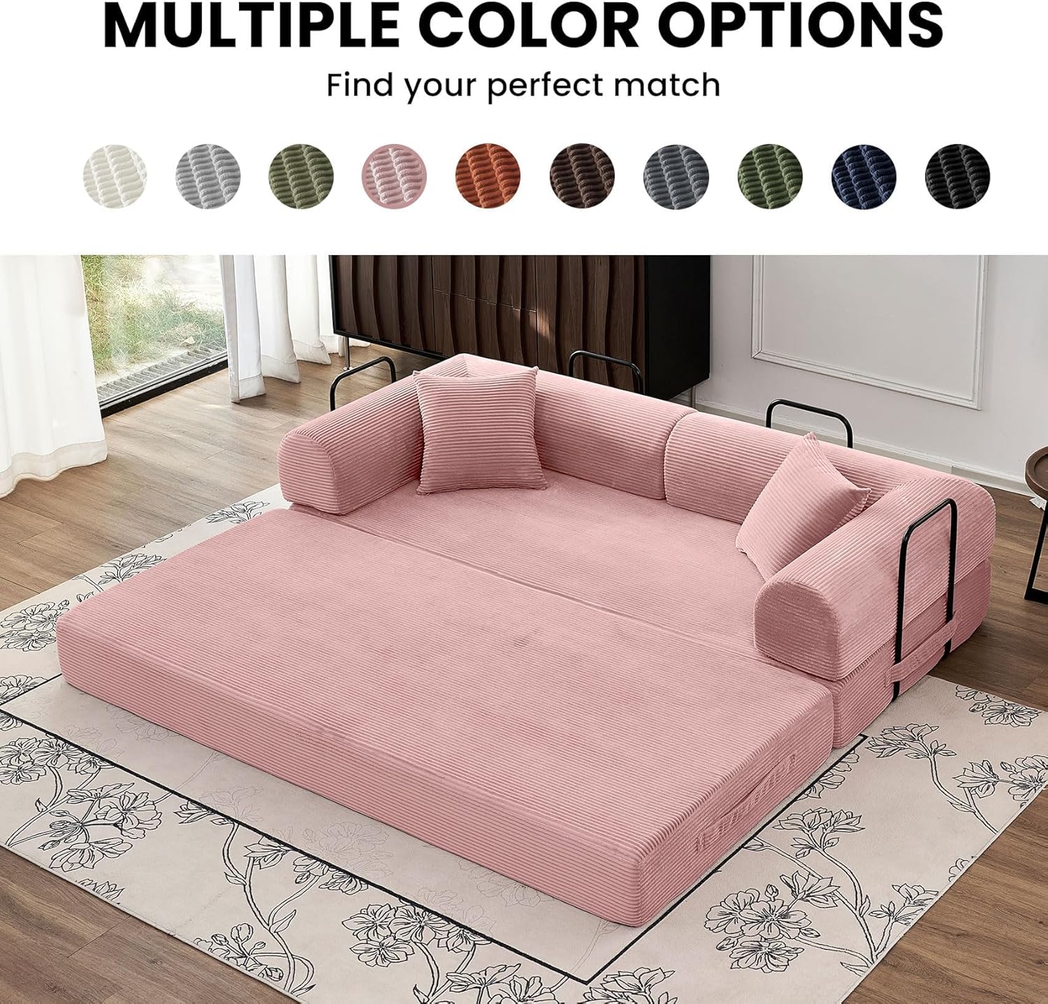 79'' Convertible Couch Bed, Folding Sleeper Sofa with Pull Out Bed, Modular Floor Sofa with Pillows, Corduroy Couch for Living Room Bedroom Lounge Apartment Guest Room Use (Pink)