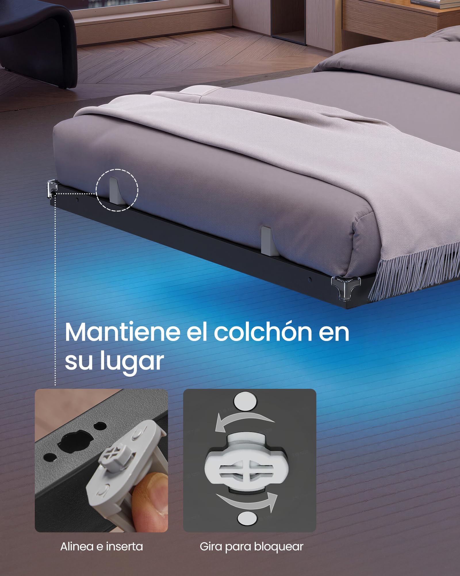 VASAGLE Marco de Cama 90 x 190 cm, Luces LED, Estación de Carga Extraíble, 2 Tomas CA, 1 Puerto USB-C, 1 Puerto USB-A, 1 en Posterior, Soporta hasta 250 kg, Negro Tinta RMB171B101