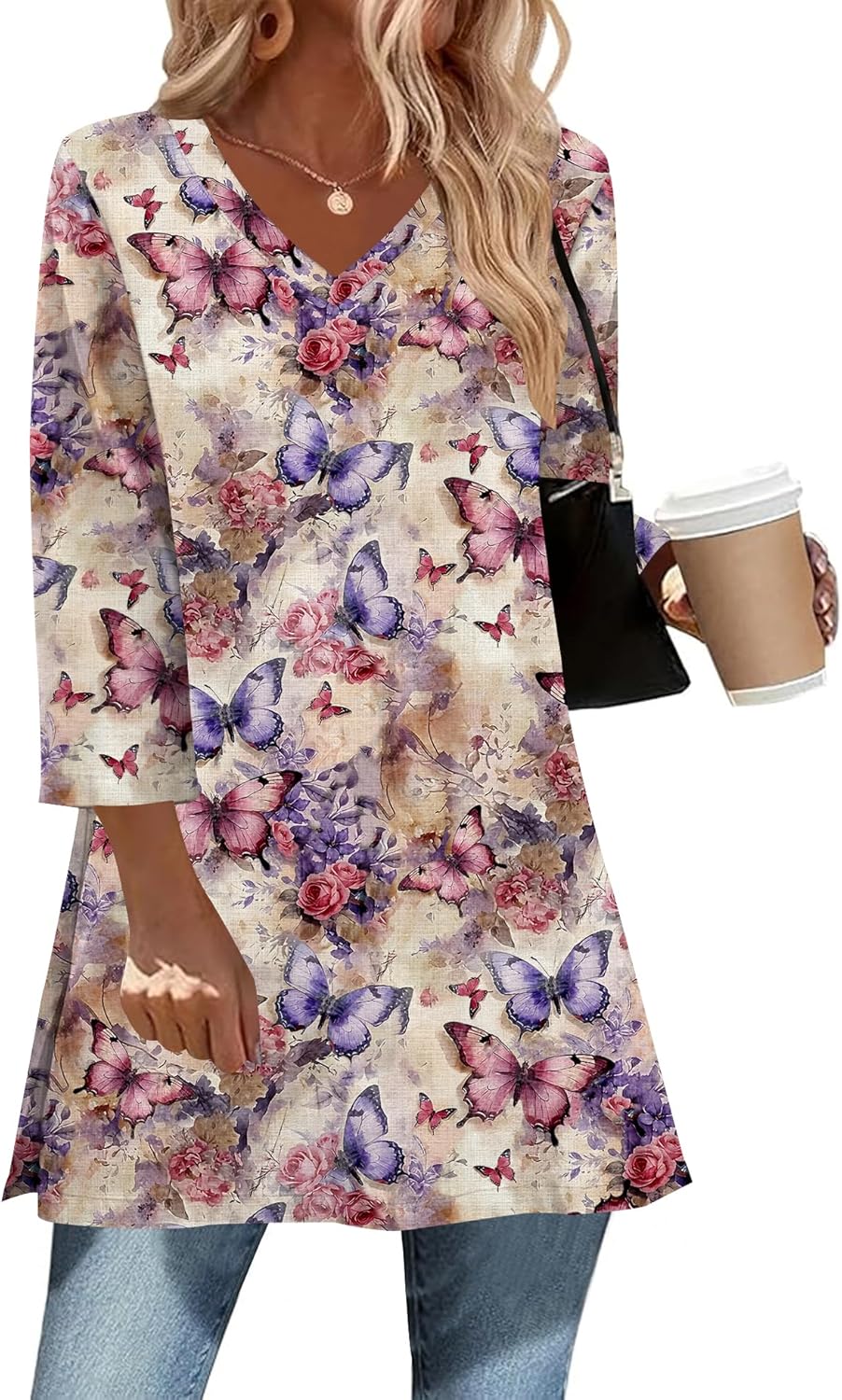 AKEWEI Womens Blouses Casual 3/4 Sleeve Tops for Women V Neck Tunics to Wear with Leggings Swing Flare