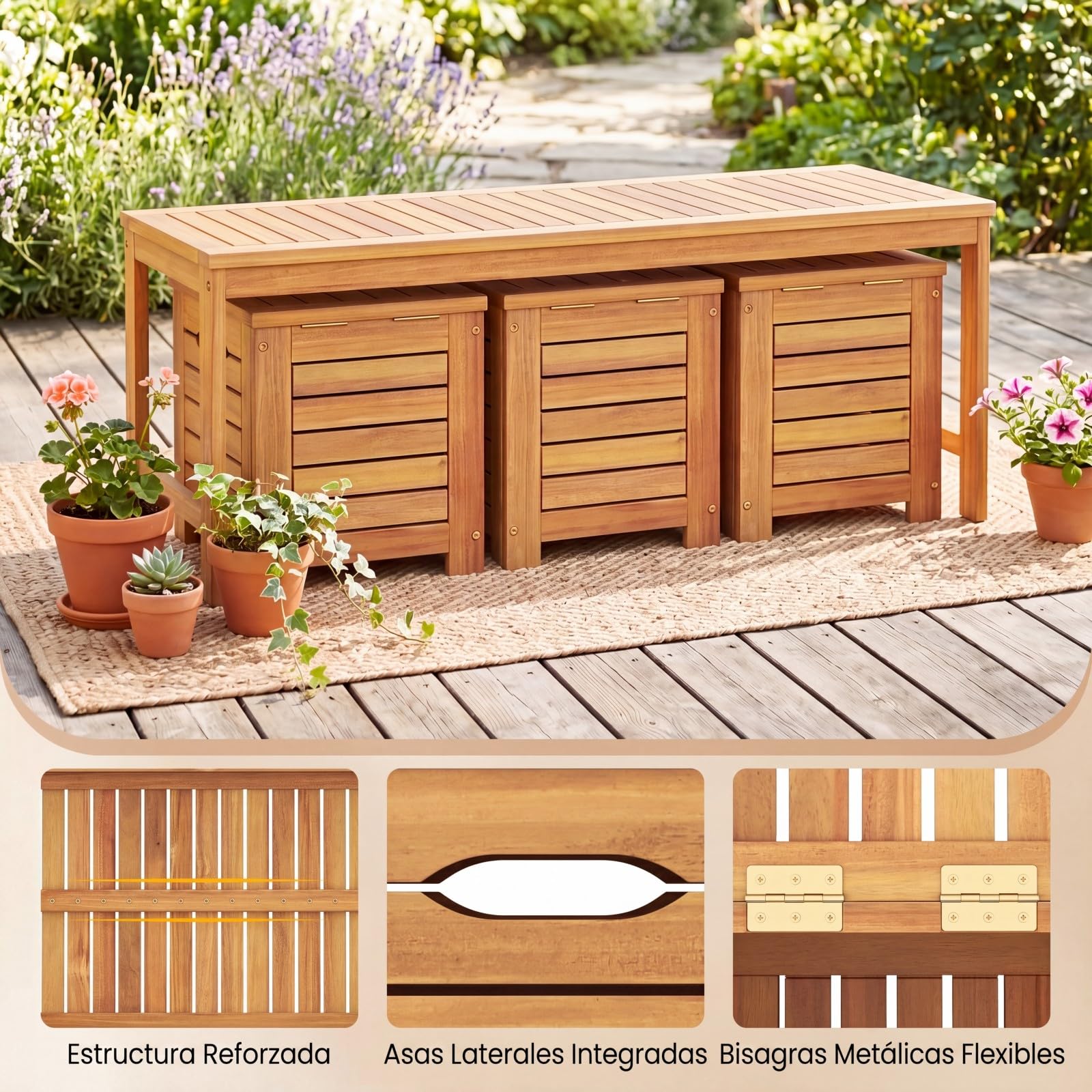 COSTWAY Banco Jardín de Madera Acacia con 3 Cajas de Almacenamiento, Banco Exterior sin Respaldo con Listones, Cajas de Tapa, Terraza Porche Balcón Piscina, 115 x 45 x 46 cm