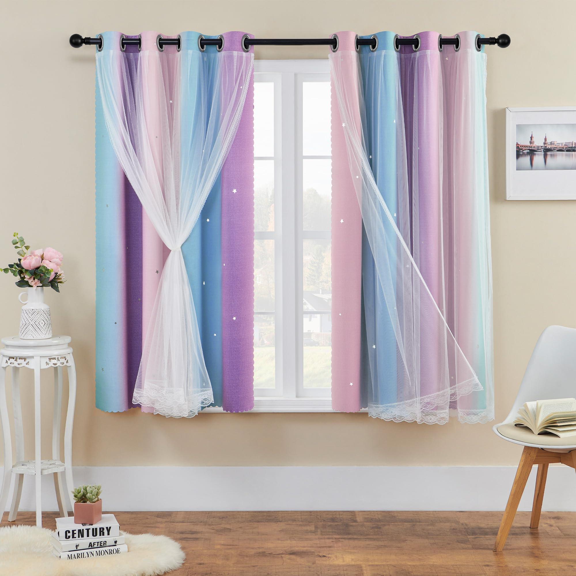 Cortinas arco iris con aislamiento térmico y estrellas para cuarto infantil