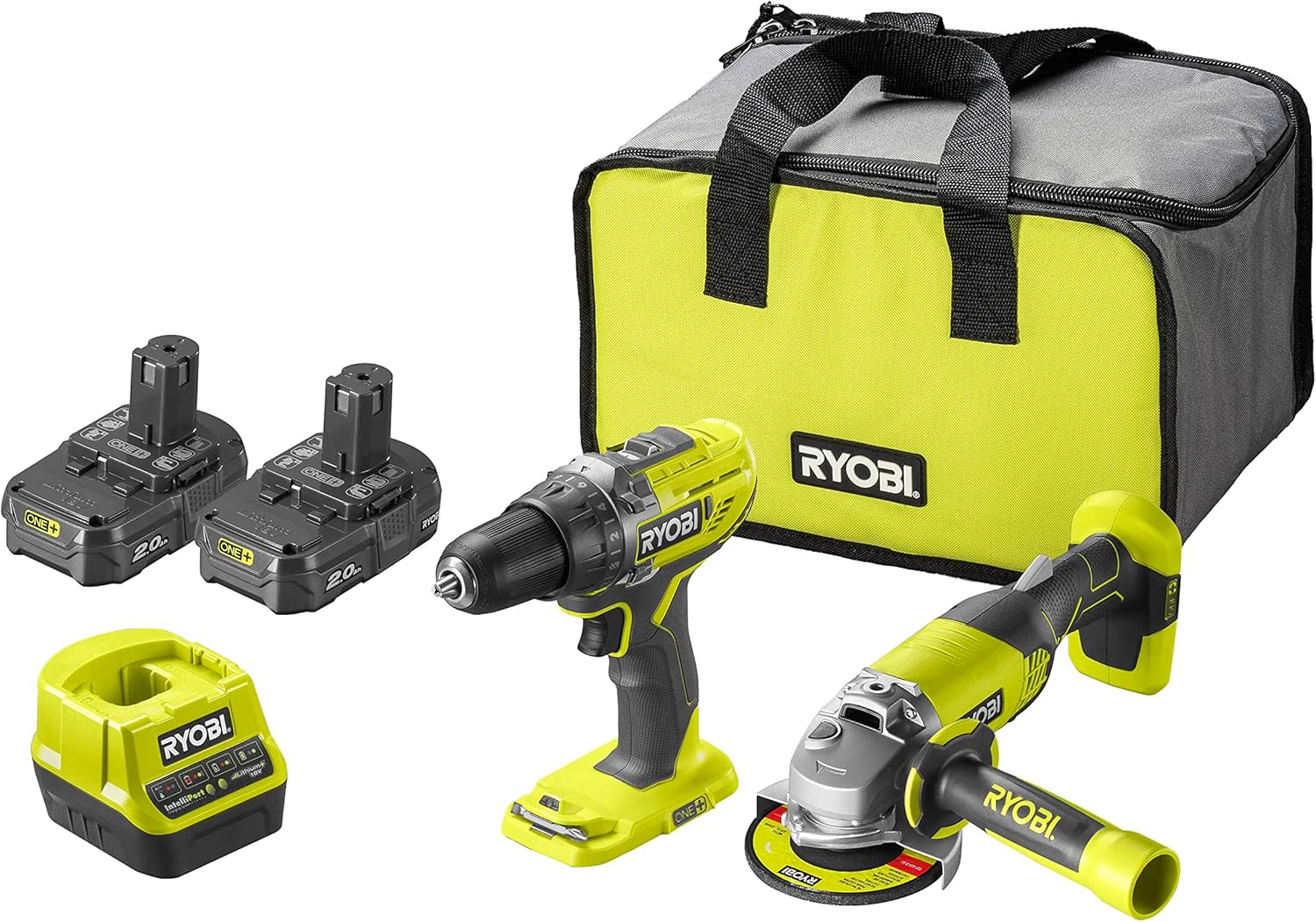 RYOBI ONE+ Pack duo perceuse meuleuse 18V sans fil - 2 batteries de 2Ah et un sac de transport