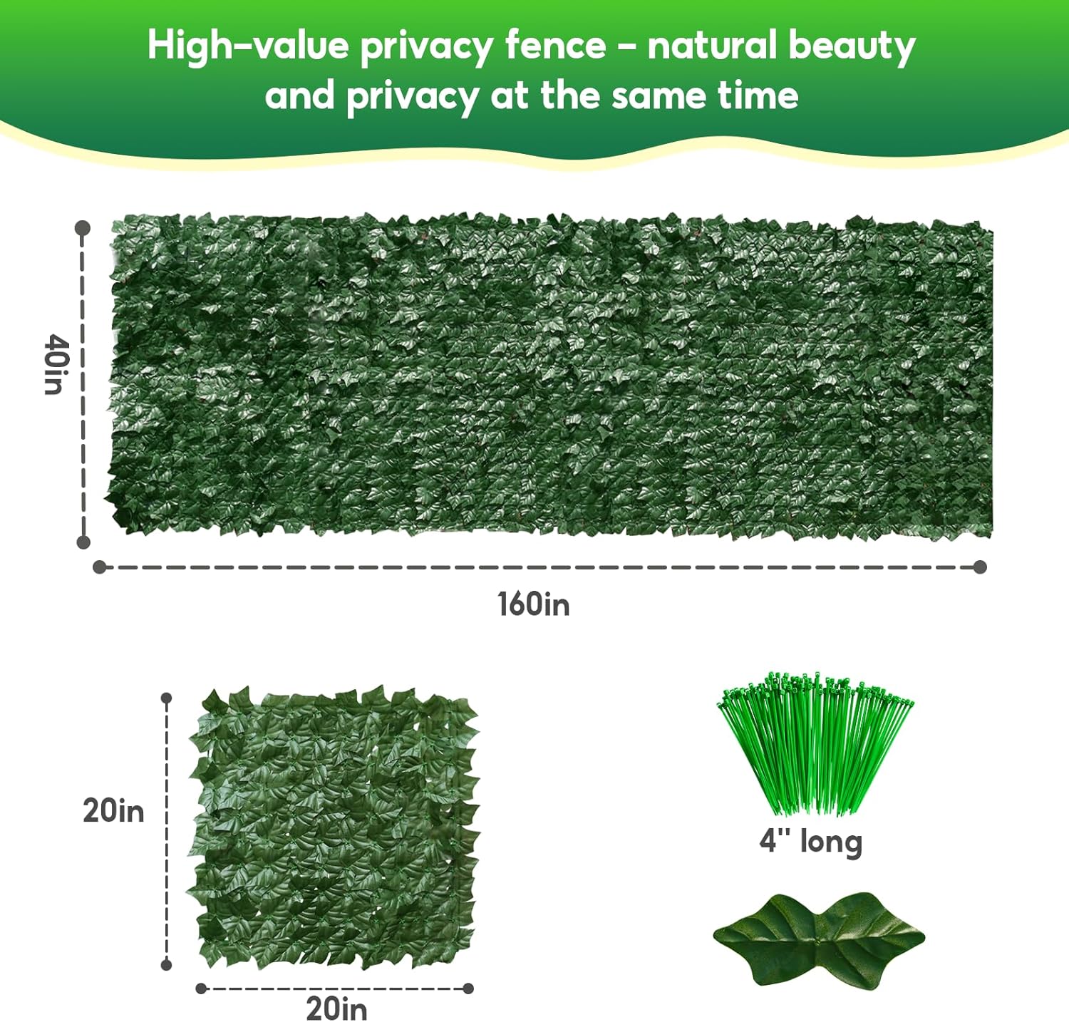 Artificial Ivy Privacy Fence Screen, 160x40 inch Artificial Hedge Grass Wall，Faux Ivy Fence Privacy Screen, Decoration for Patio, Balcony, Garden, Backyard Indoor Outdoor Decor