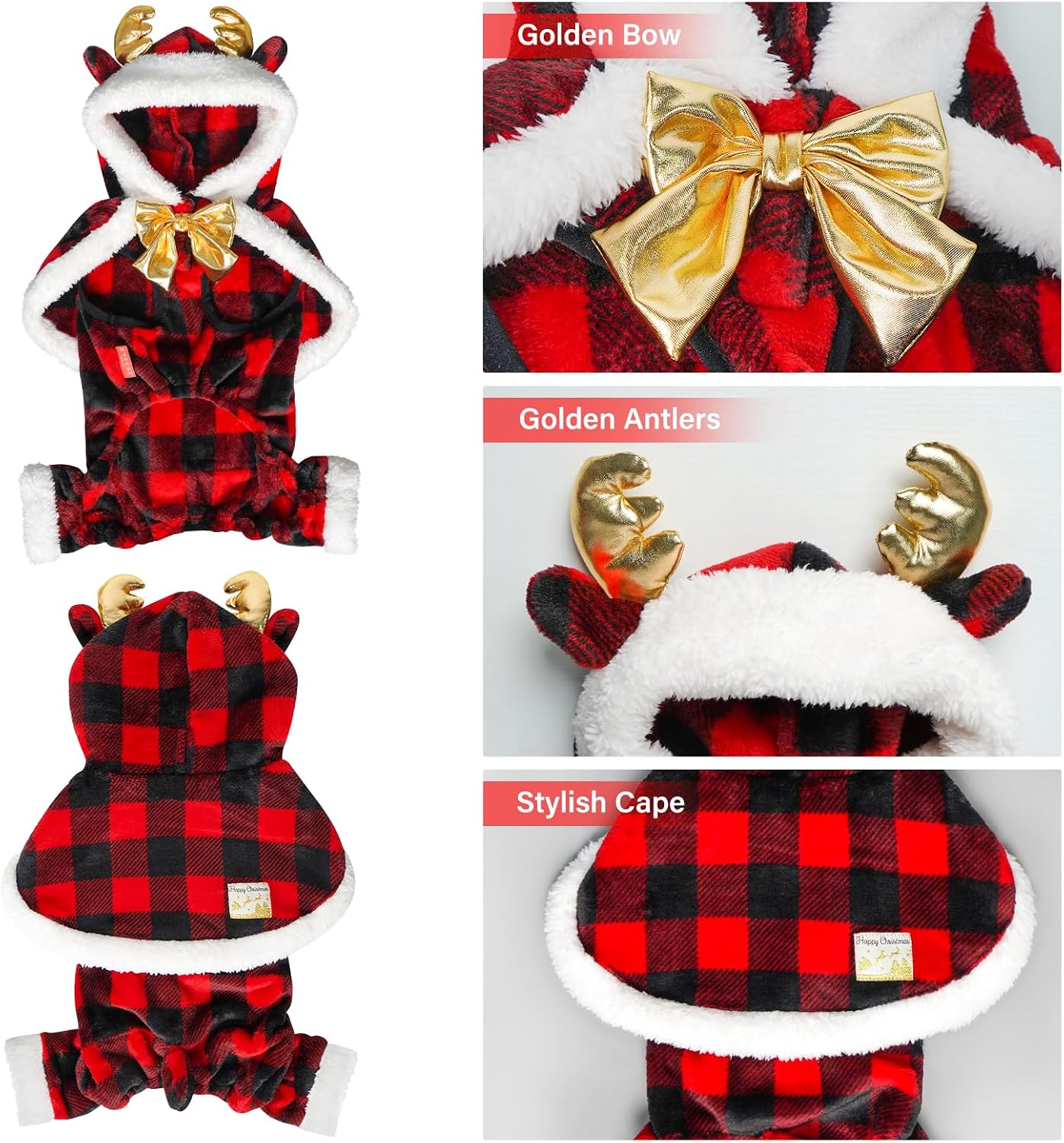 KYEESE Dog Christmas Outfit with Hat Dog Christmas Pajamas for Small Dogs Soft Pets Costume with Golden Elk Antlers and Bow Warm Dogs Clothes Pet Cloak Red Pets Coat Pet Onesie