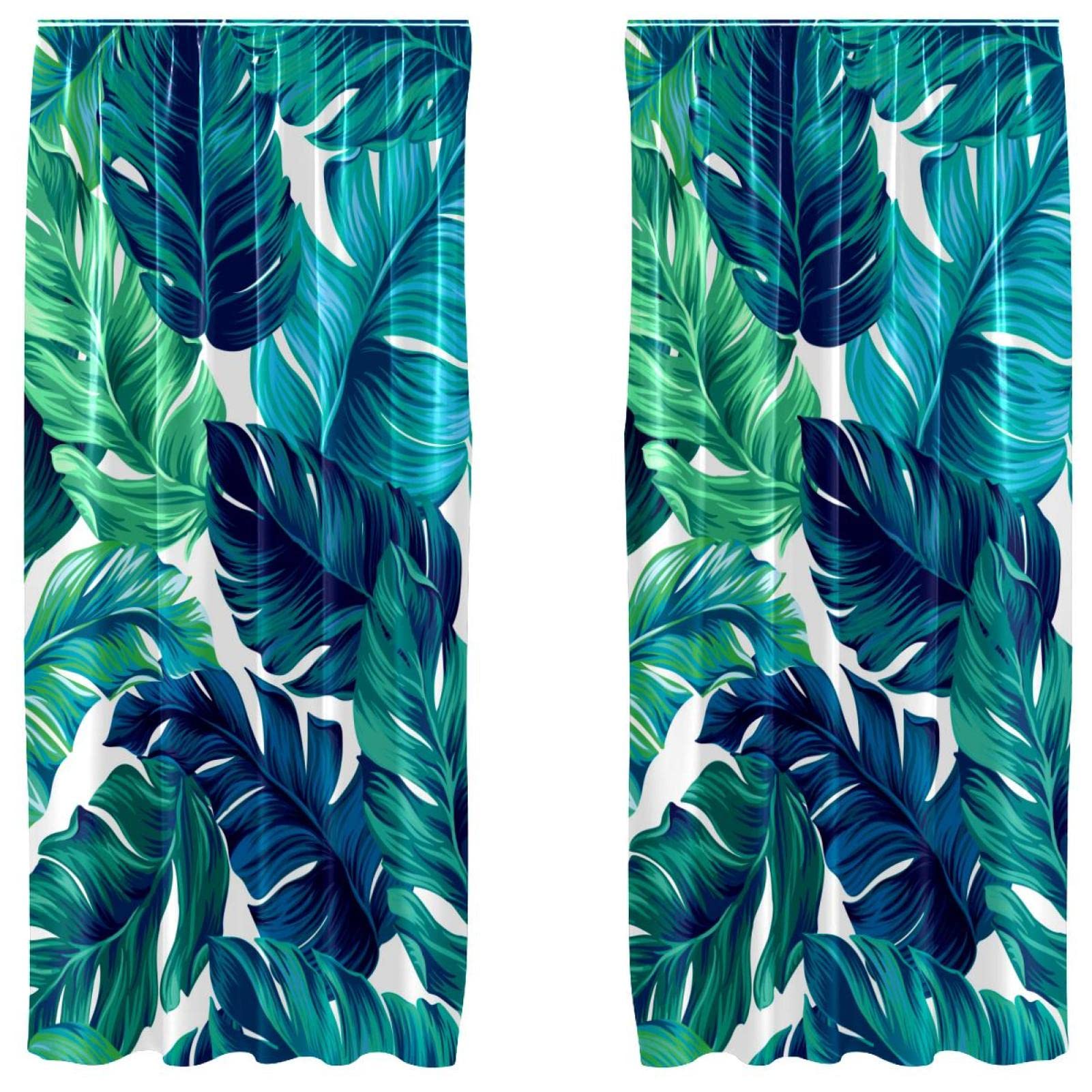 Cortinas de panel decorativas de hojas azules y verdes con bolsillo para barra