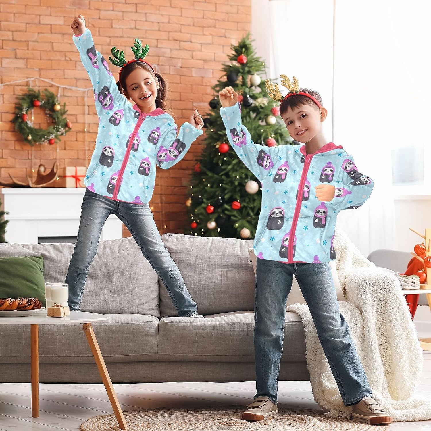 Girls Hoodie Outfit Sloth Winter Pattern Zipper Sweatshirt Coat Fleece Jacket for Kids 3-10T