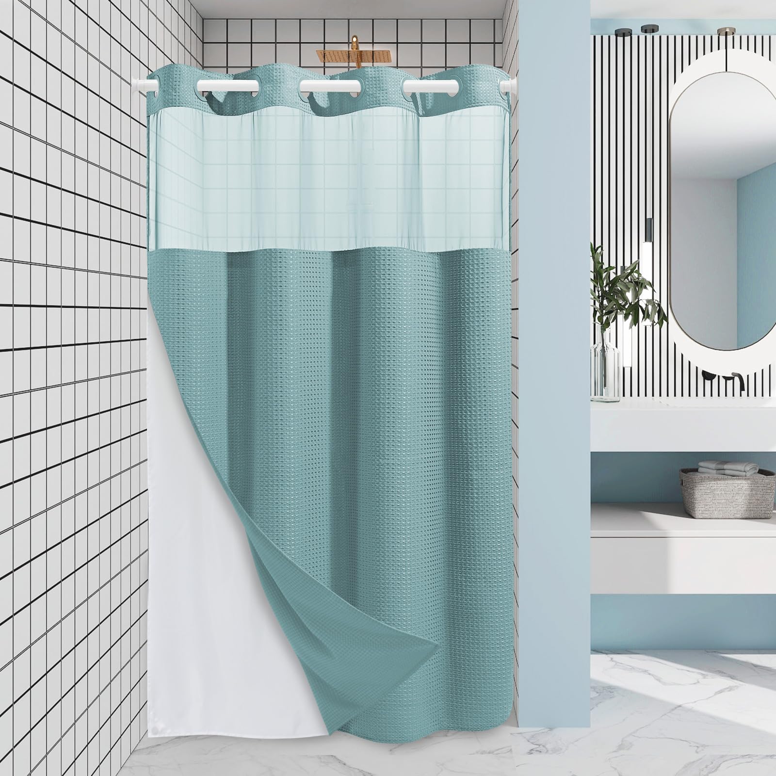 EUTXL Teal Stall No Hook Shower Curtain with Snap in Liner,230GSM Waffle Weave Shower Curtains for Bathroom,54W x 80H